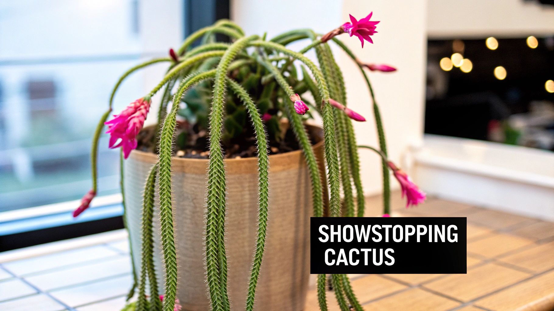 A vibrant rat tail cactus with cascading green stems and bright pink flowers in a brown pot by a window.