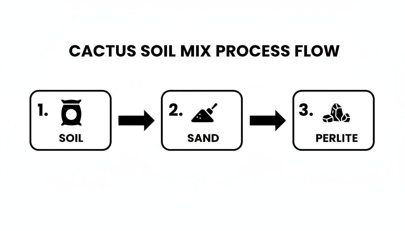 A process flow diagram illustrating the three steps to create cactus soil mix: soil, sand, and perlite.