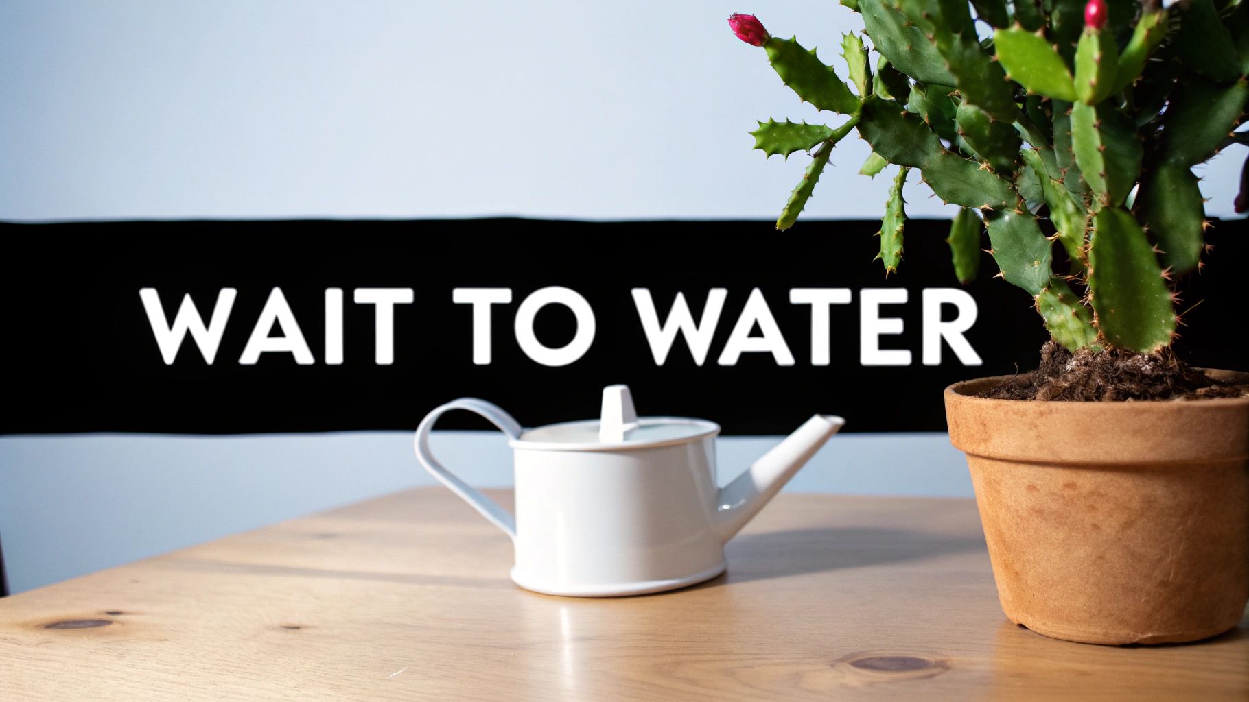 White watering can beside potted Christmas cactus with wait to water sign in background