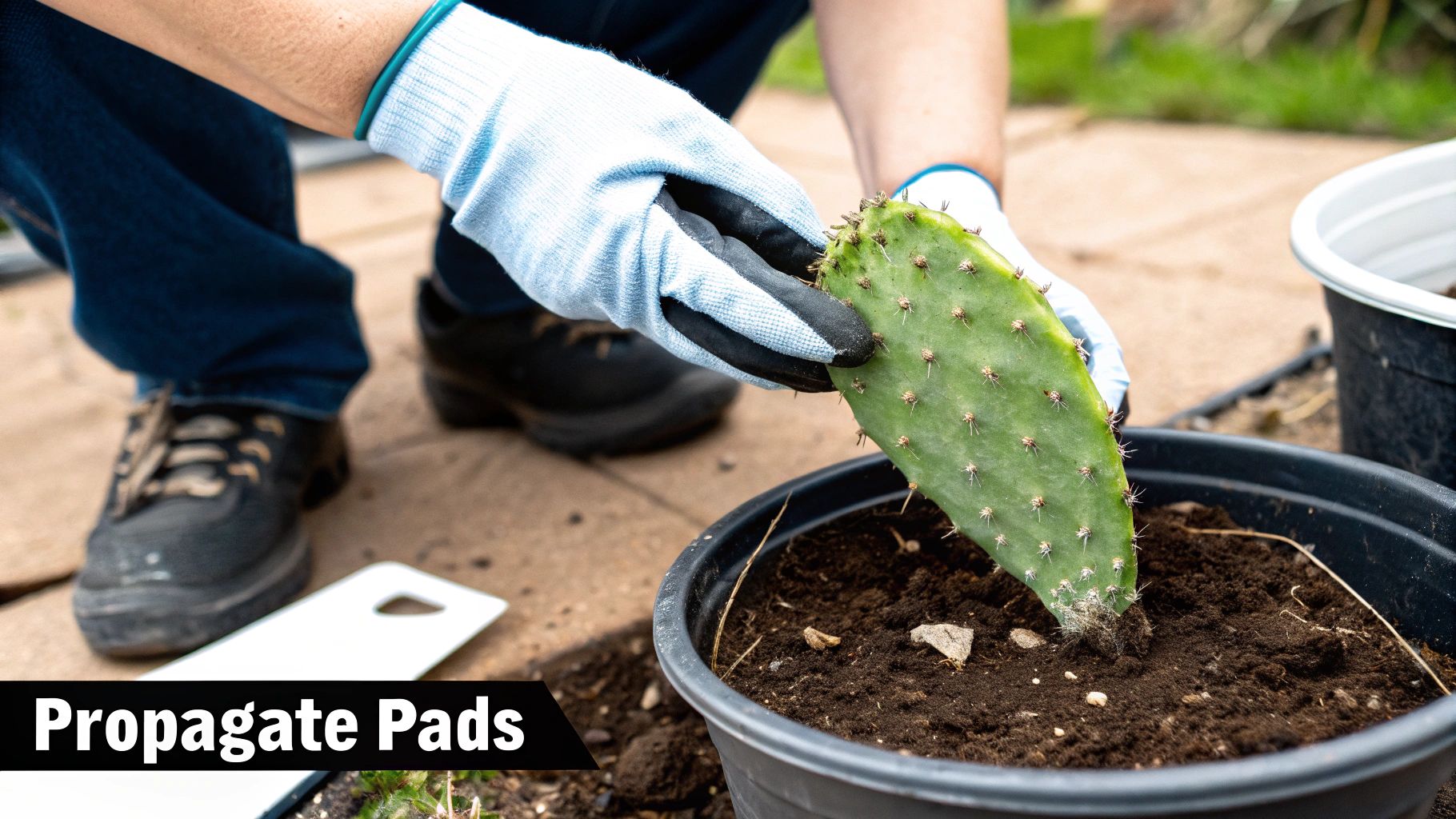 A person wearing gardening gloves carefully plants a green prickly pear cactus pad into a black pot filled with soil, propagating new growth.