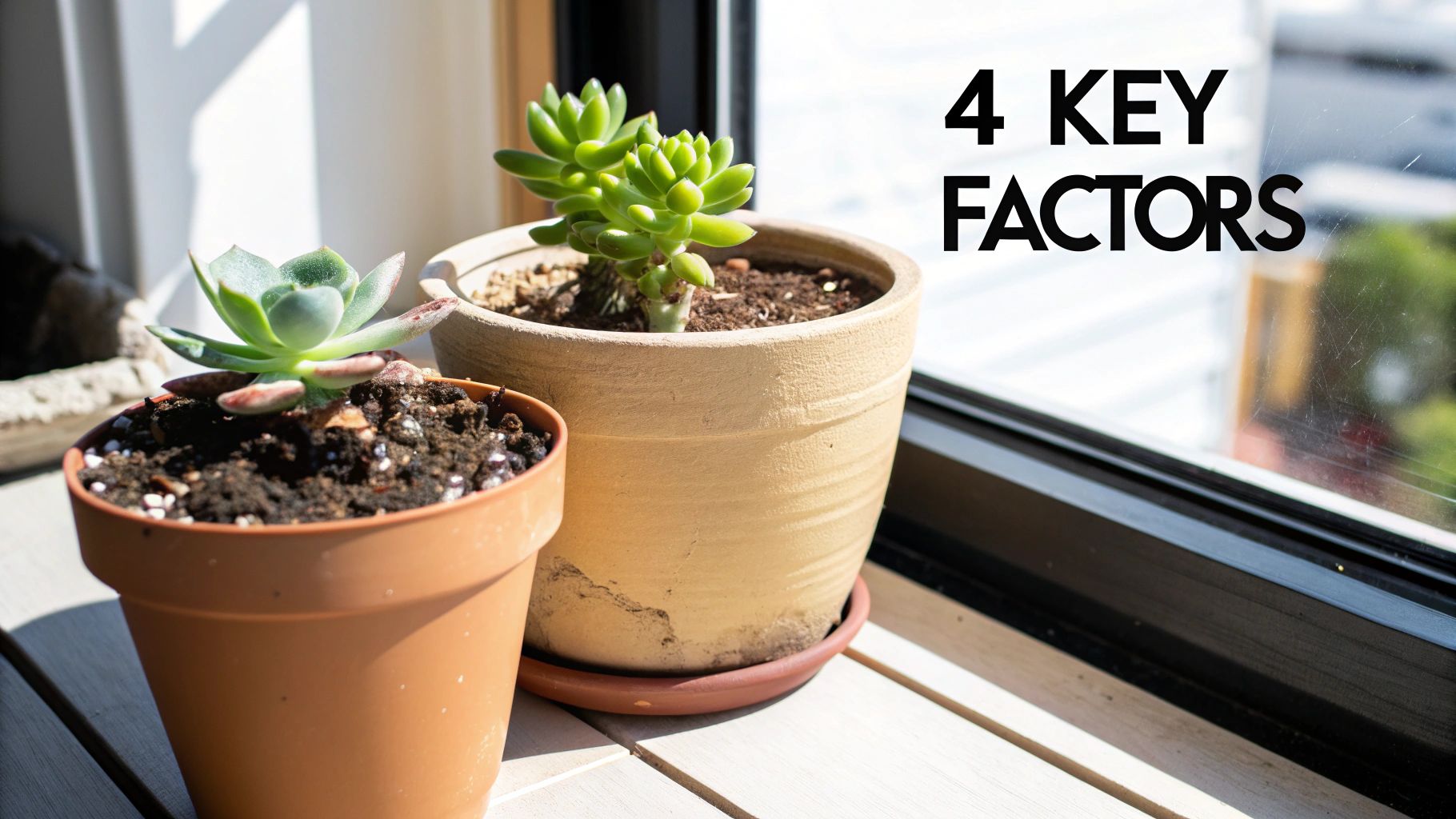 Two vibrant green potted succulents sit on a bright windowsill, highlighting key factors for plant care.