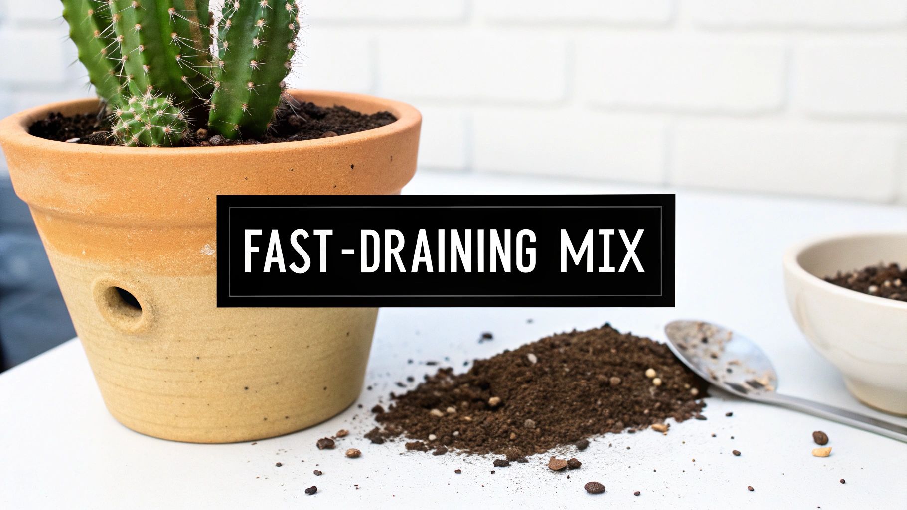 Terracotta pot with cactus and fast-draining soil mix spread on white surface