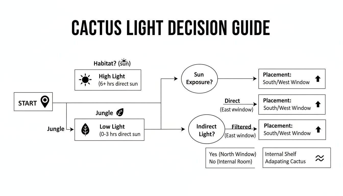 Flowchart guiding cactus light placement based on habitat, sun exposure, and indirect light conditions.