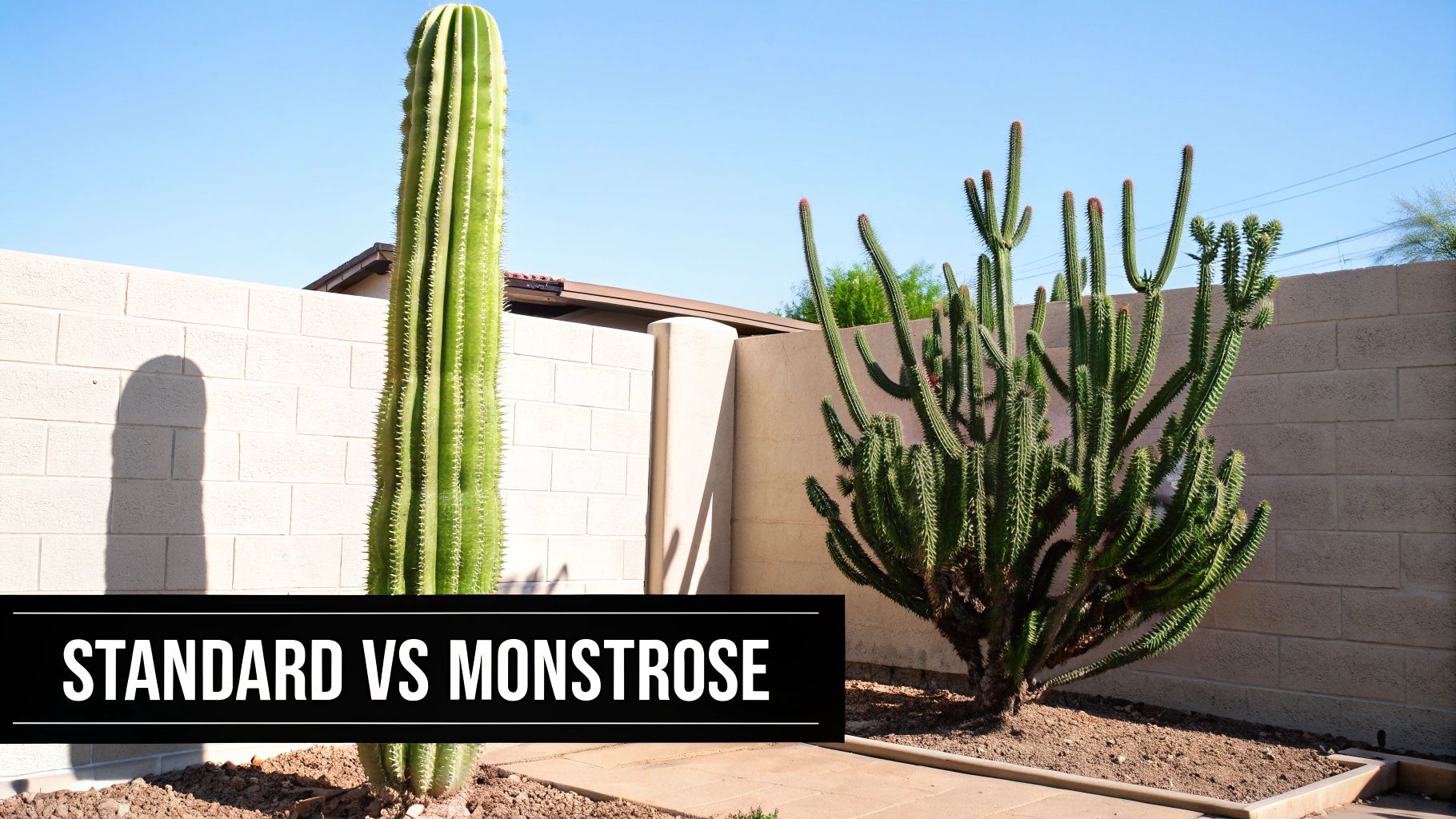 A standard tall columnar cactus next to a multi-branched monstrose cactus against a stucco wall.