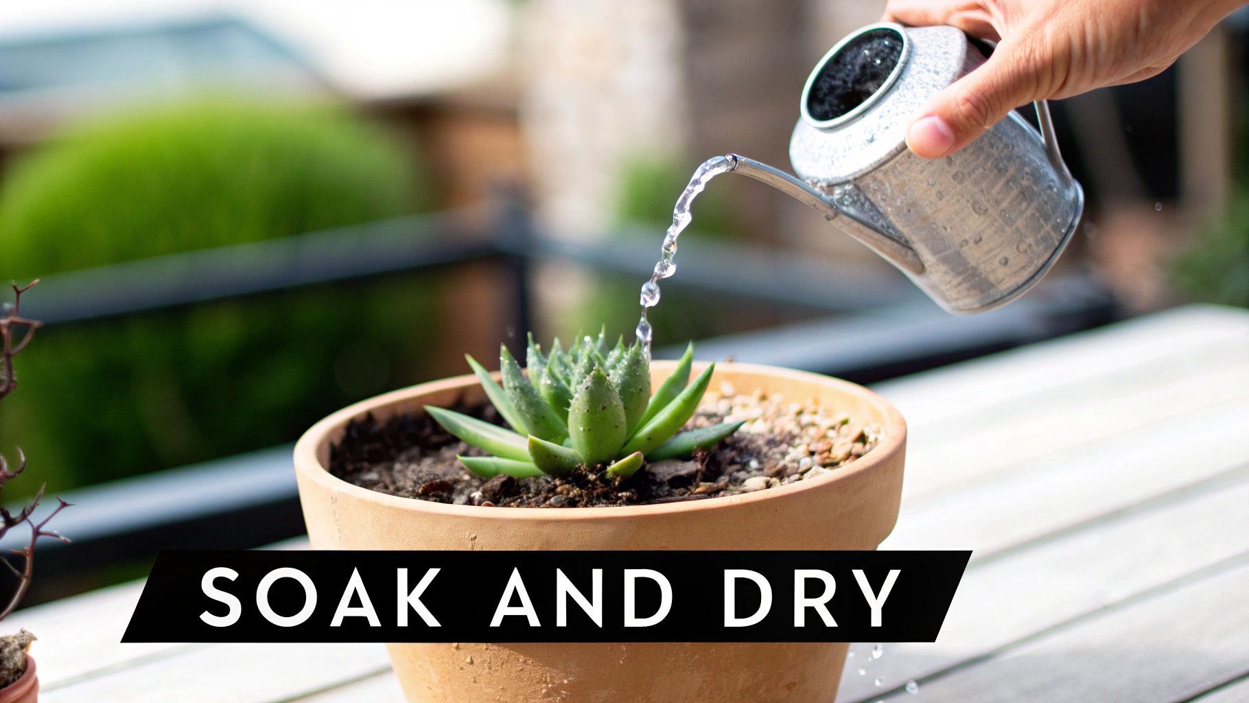 A hand uses a small watering can to water a green succulent plant in a terracotta pot, with 'SOAK AND DRY' text.