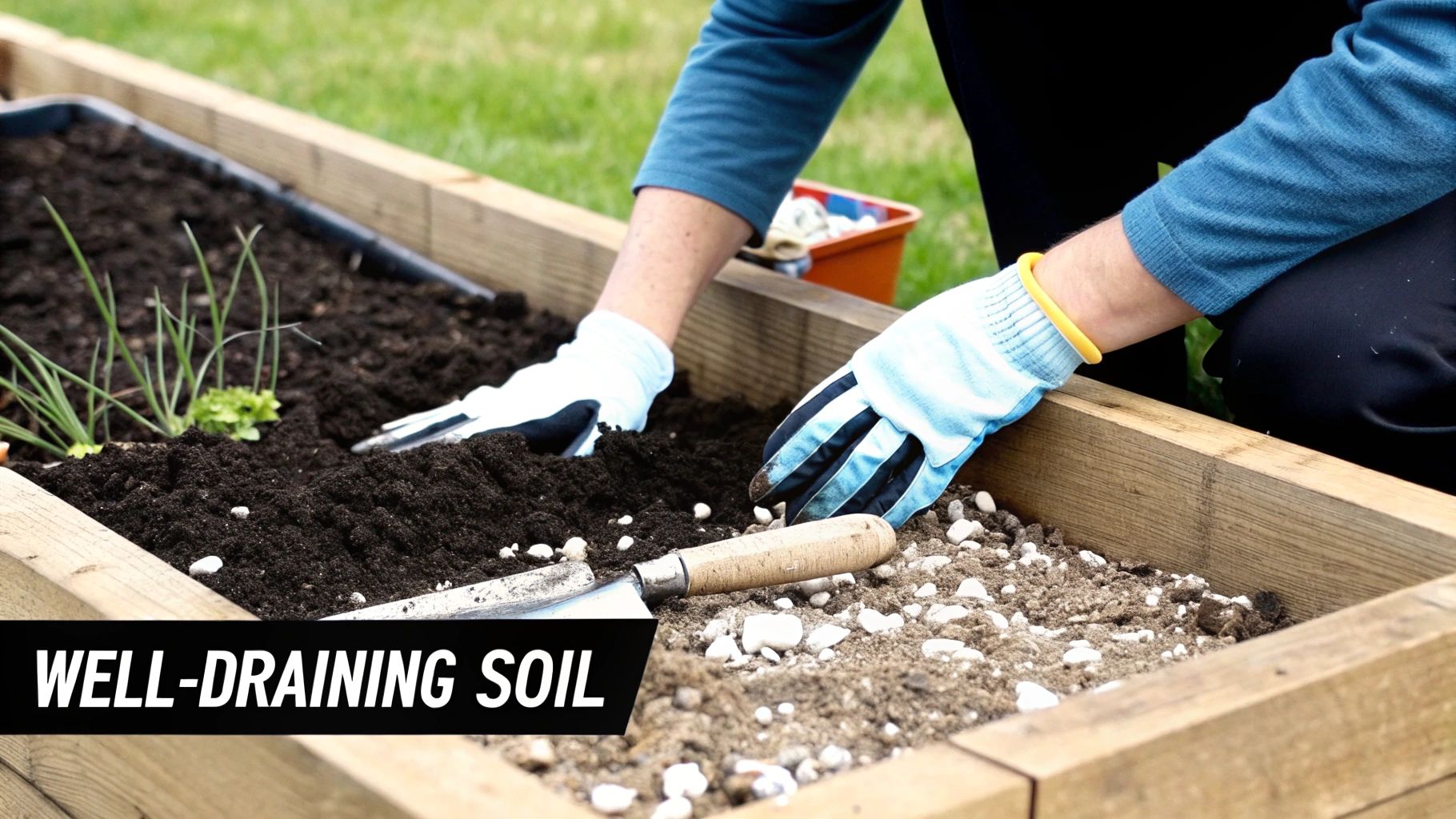 A gardener in gloves tends to young plants in a raised bed with well-draining soil.