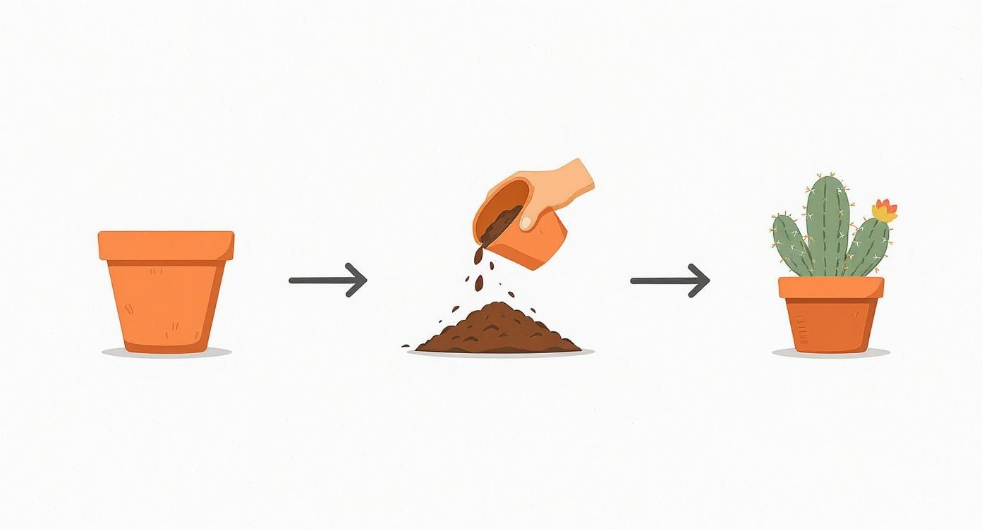 Infographic detailing the process of potting a cactus, showing a pot, then soil, then the plant.