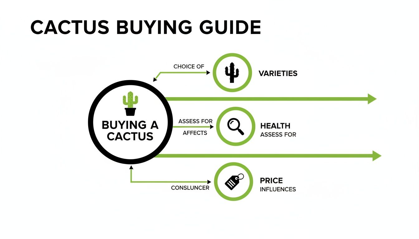 Cactus Buying Guide infographic illustrating factors for purchasing, including varieties, health assessment, and price influences.