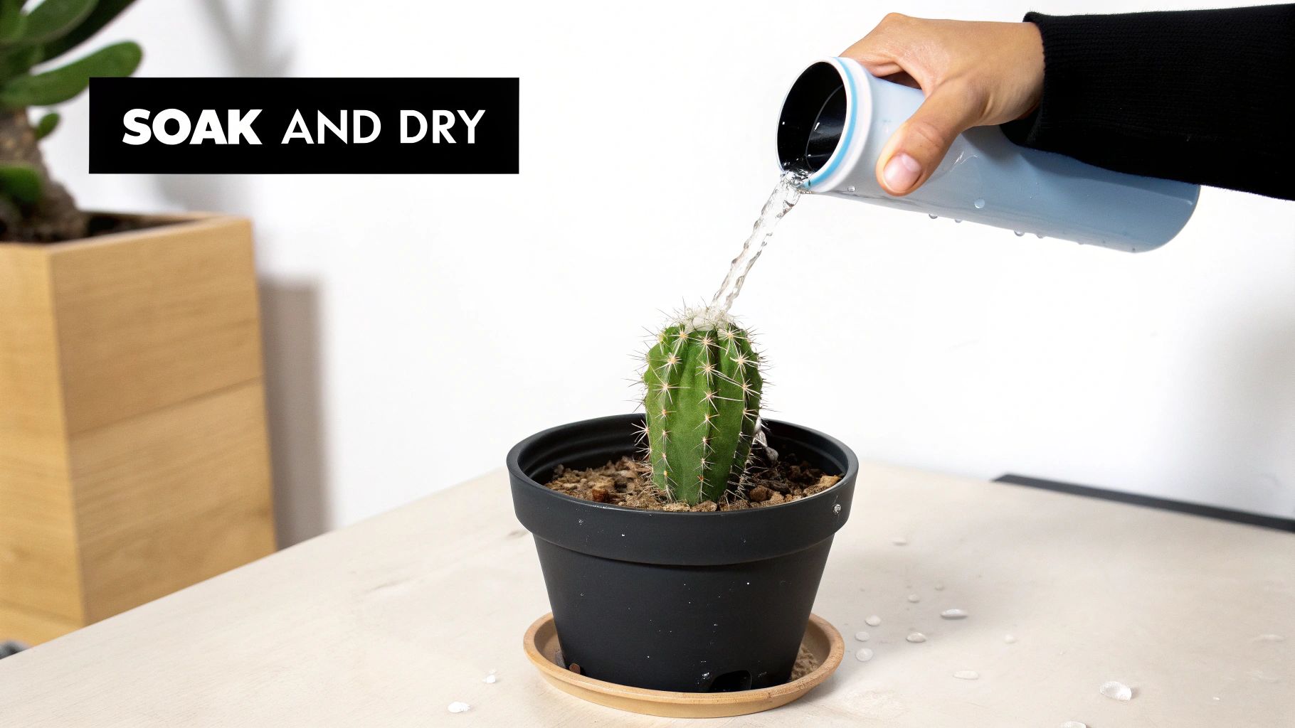 A hand holds a small watering can, gently pouring water into a terracotta pot containing a healthy green cactus.