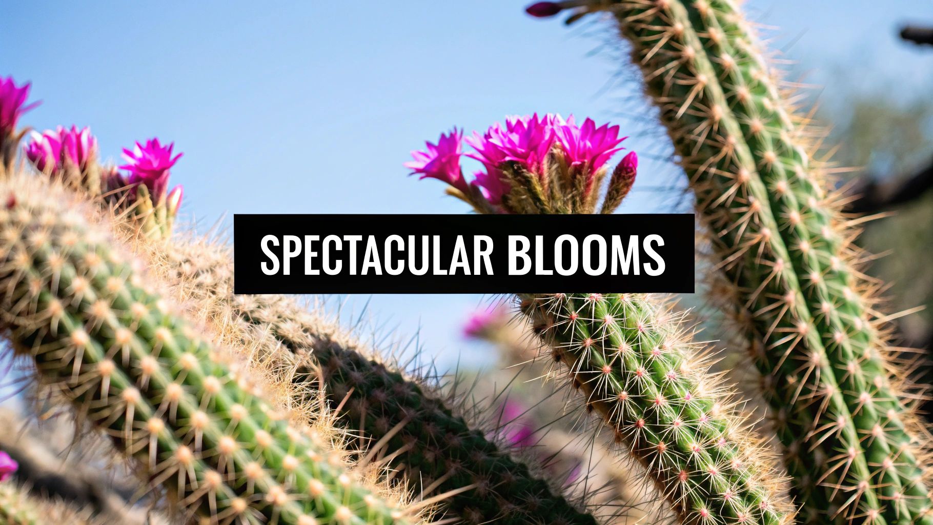Close-up of vibrant pink flowers blooming on spiny cacti under a clear blue sky, with text 'SPECTACULAR BLOOMS'.
