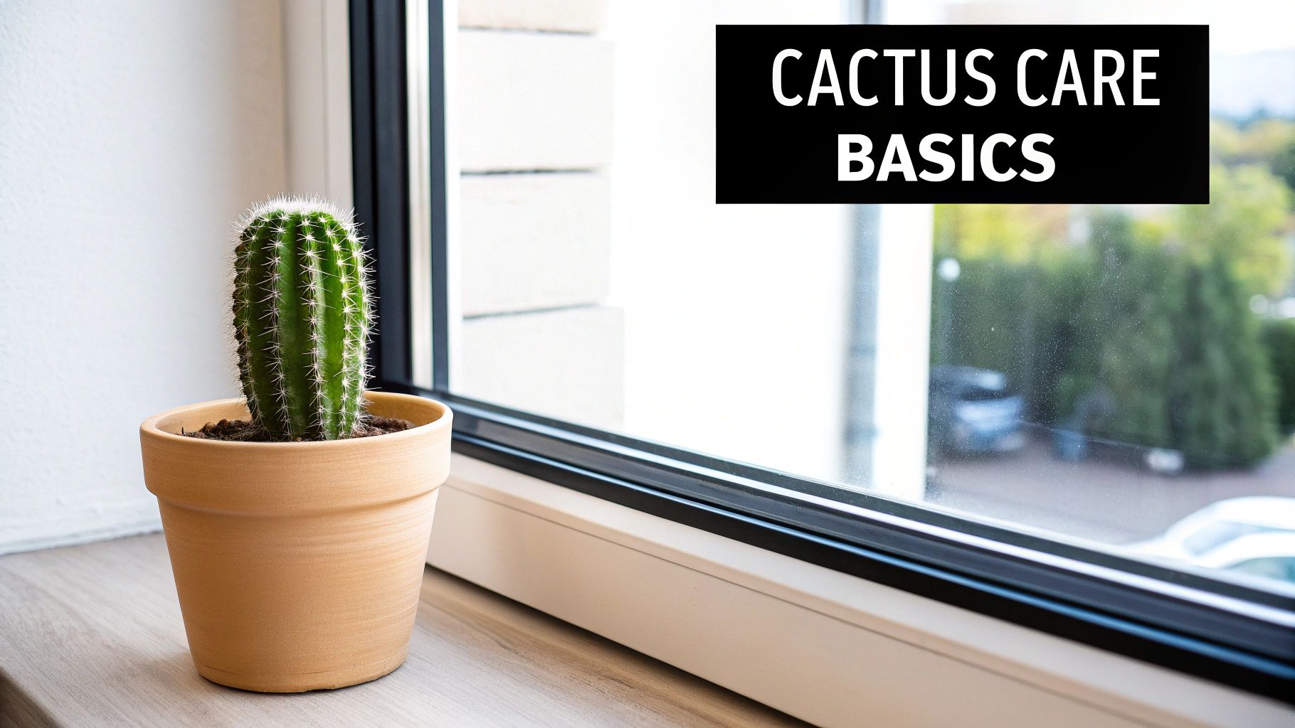 A healthy green cactus in a terracotta pot sitting on a bright windowsill, with text 'CACTUS CARE BASICS'.