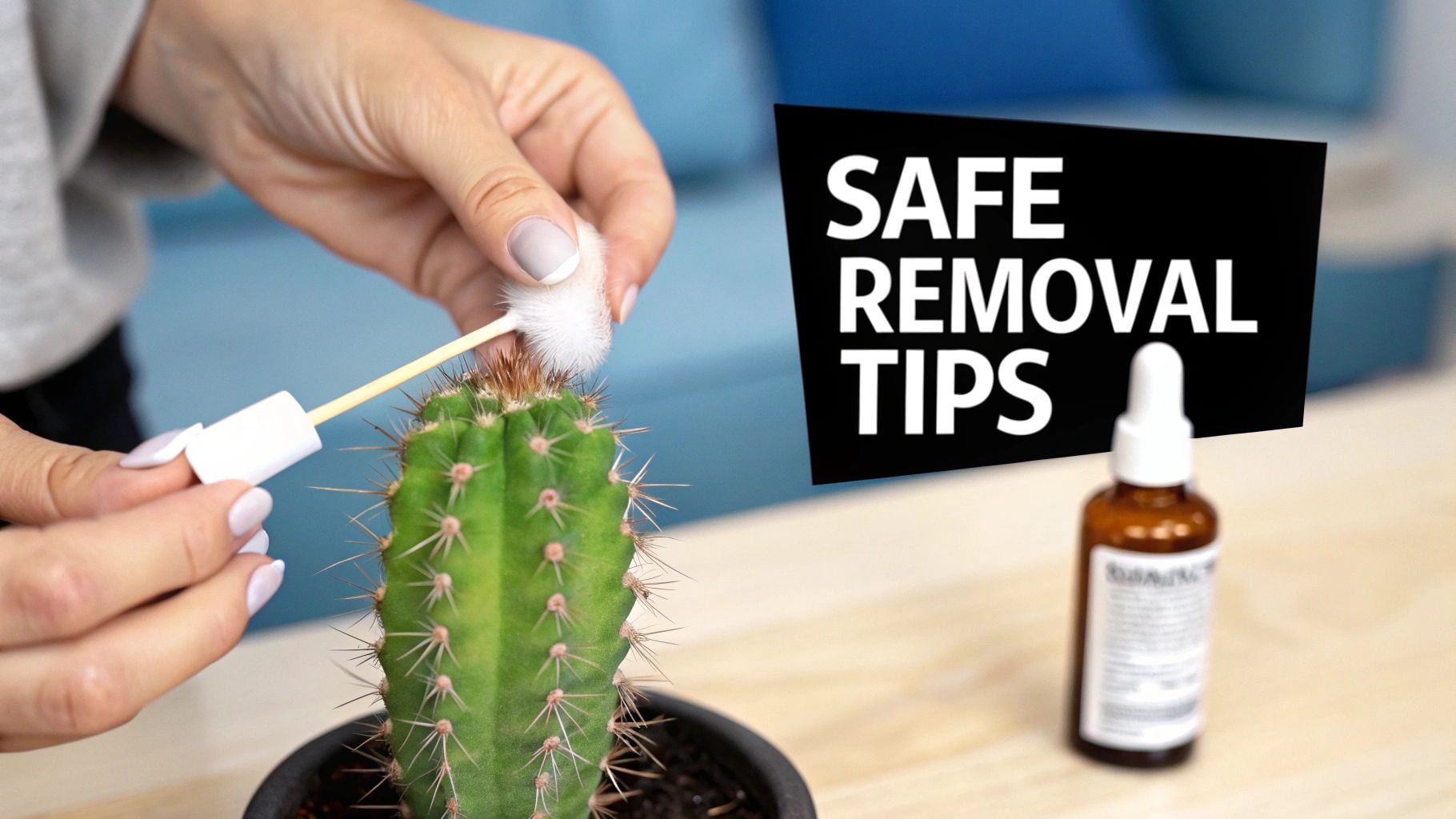 Ladybug crawling on a cactus with white fuzz, symbolizing biological pest control.