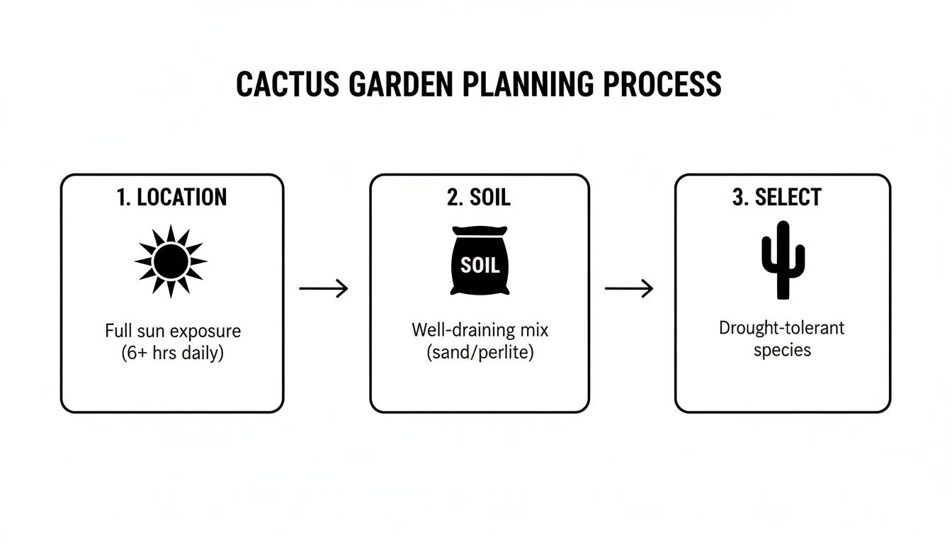 Infographic outlining a three-step process for planning a cactus garden: location, soil, and species selection.