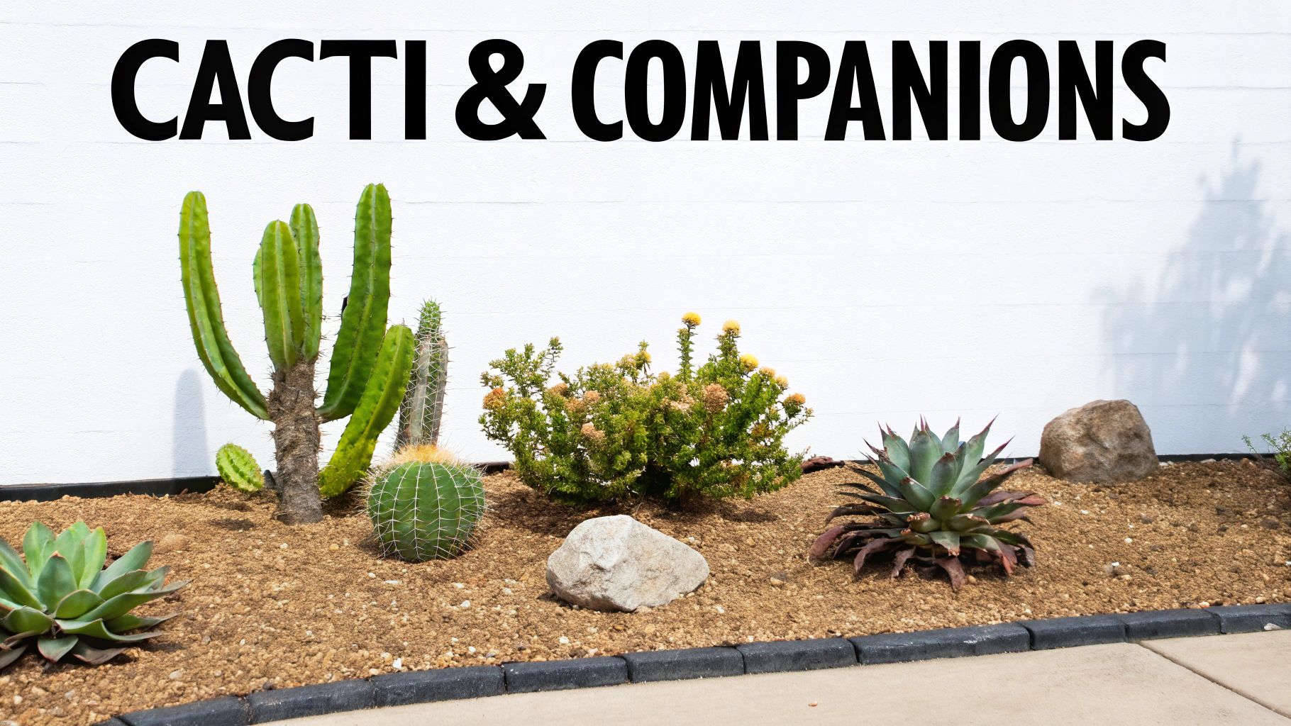 A raised desert garden featuring various cacti and succulents planted in gravel, with a white wall sign 'CACTI & COMPANIONS'.