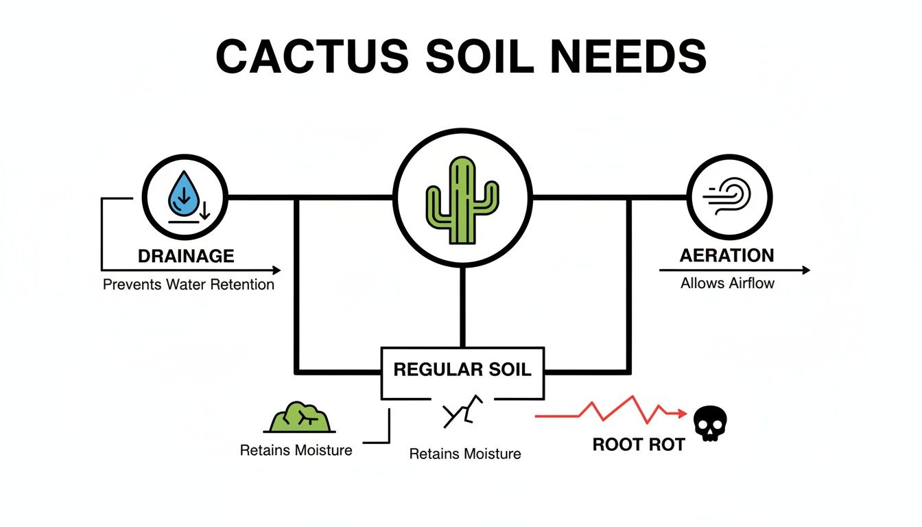 Diagram illustrating cactus soil needs, emphasizing drainage and aeration to prevent root rot from moisture retention.