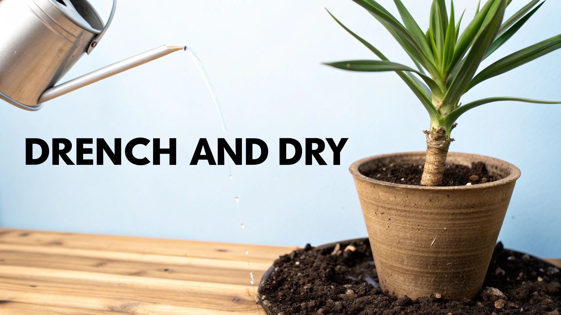 A watering can drenches a potted spineless yucca plant, illustrating "DRENCH AND DRY" care.