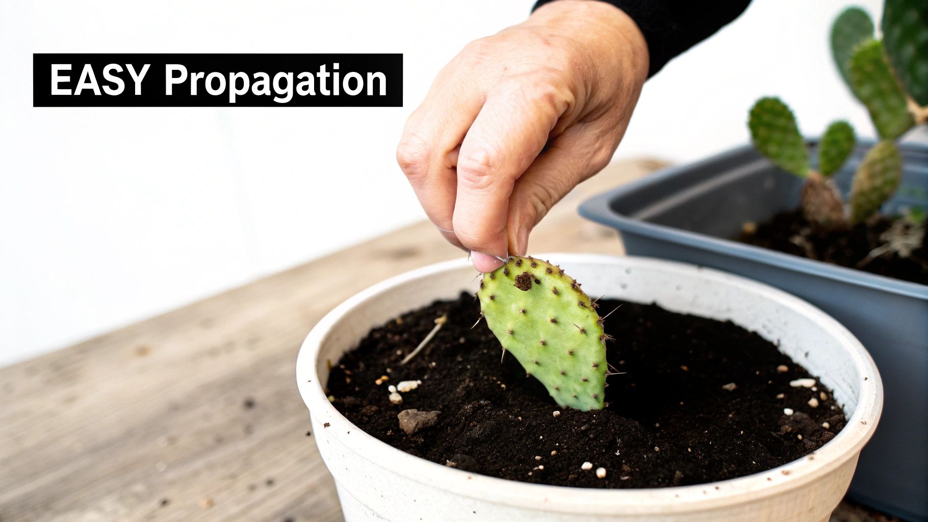 A hand carefully places a green prickly pear cactus pad into soil in a white pot, demonstrating easy propagation.