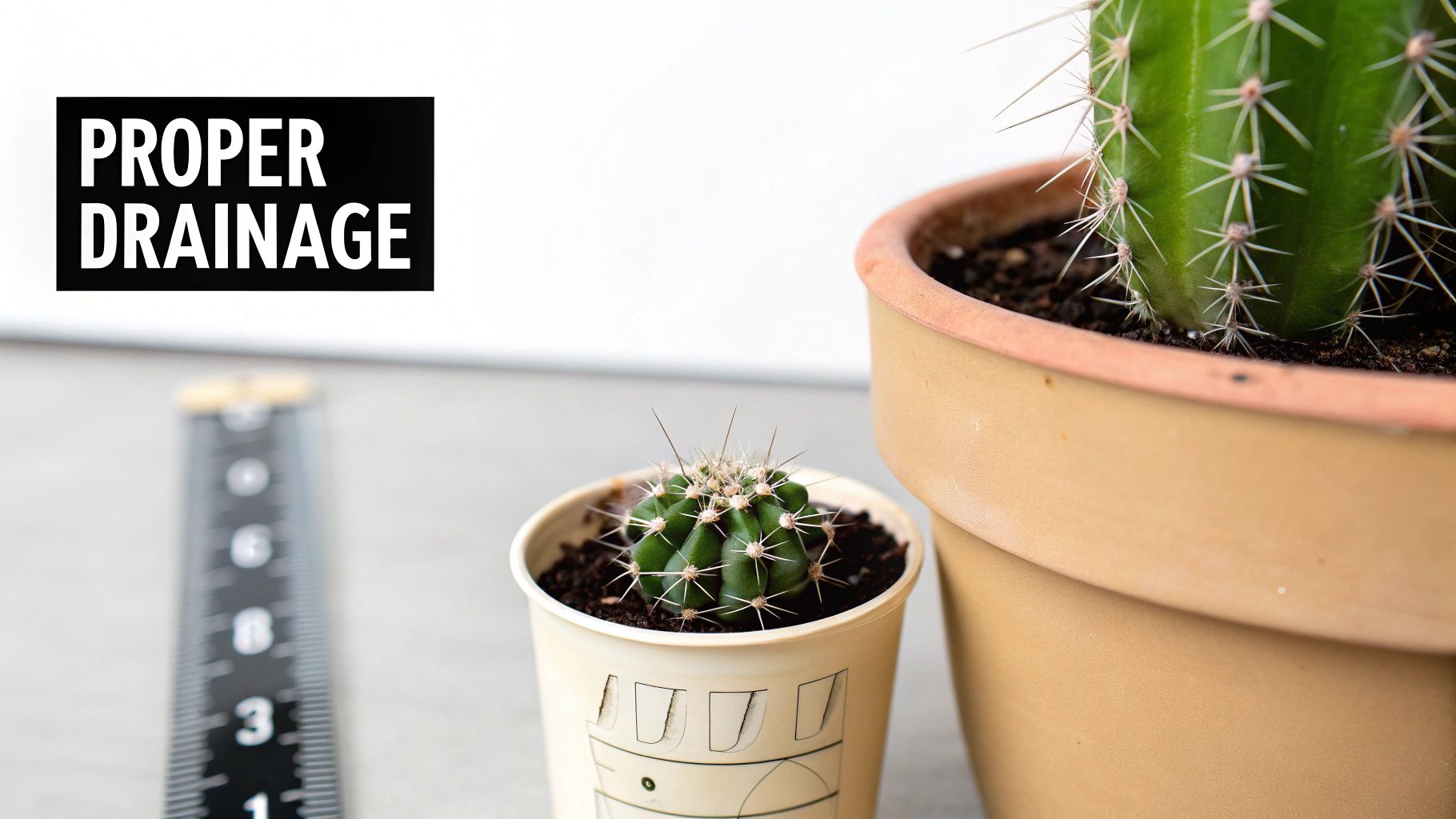 A small and a large cactus in pots, with a 'PROPER DRAINAGE' sign, emphasizing plant care.