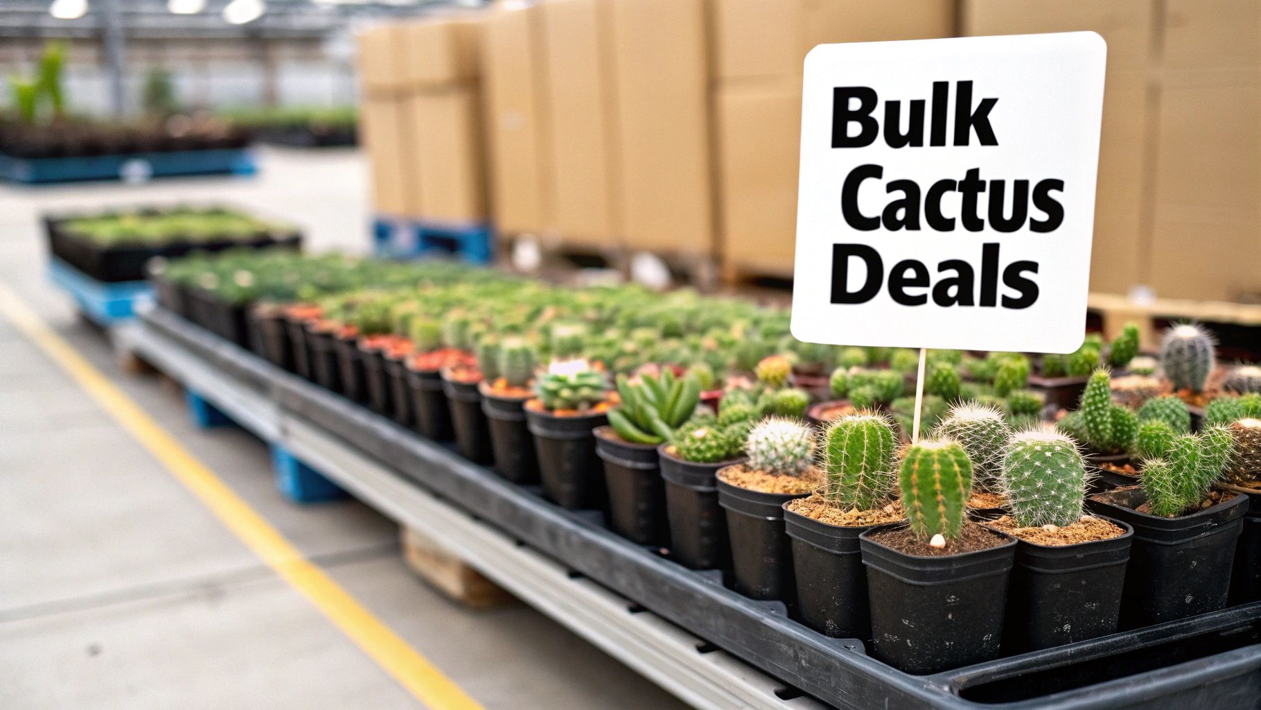 Potted cacti and succulents on display with a "Bulk Cactus Deals" sign in a nursery.