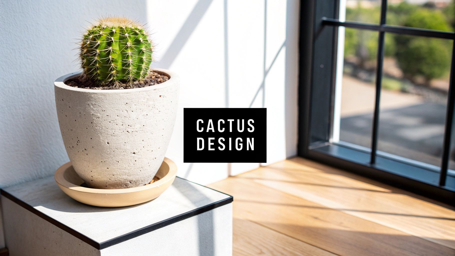 A spiky green barrel cactus in a textured concrete pot with a wooden saucer by a sunlit window.
