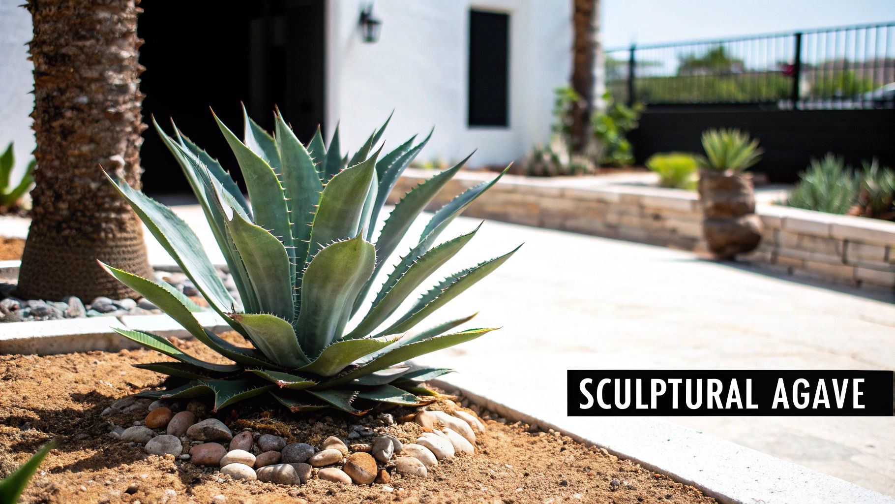 A large, sculptural agave plant with spiky leaves in sandy soil with decorative rocks, beside a palm tree and a white building.