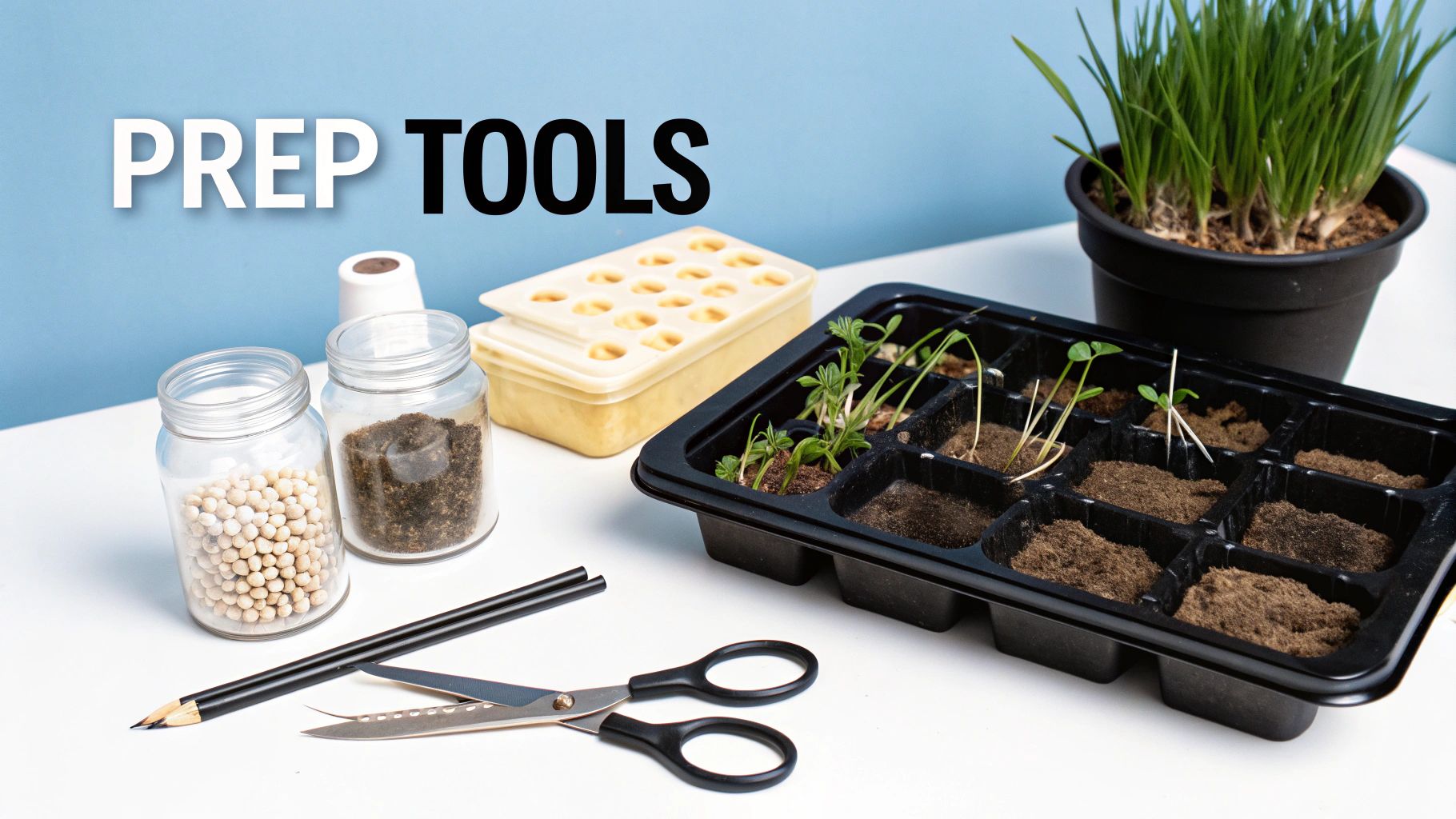 Gardening preparation tools including seed jars, sprout tray, pencil, and scissors on a white table.