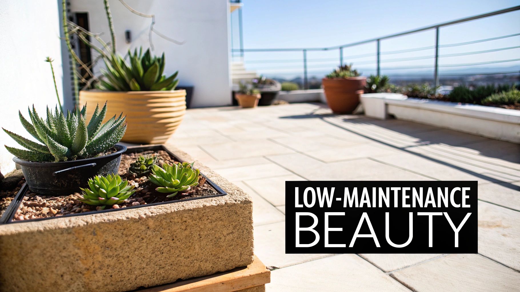 A close-up of various potted succulents on a sunny outdoor patio, highlighting low-maintenance beauty.