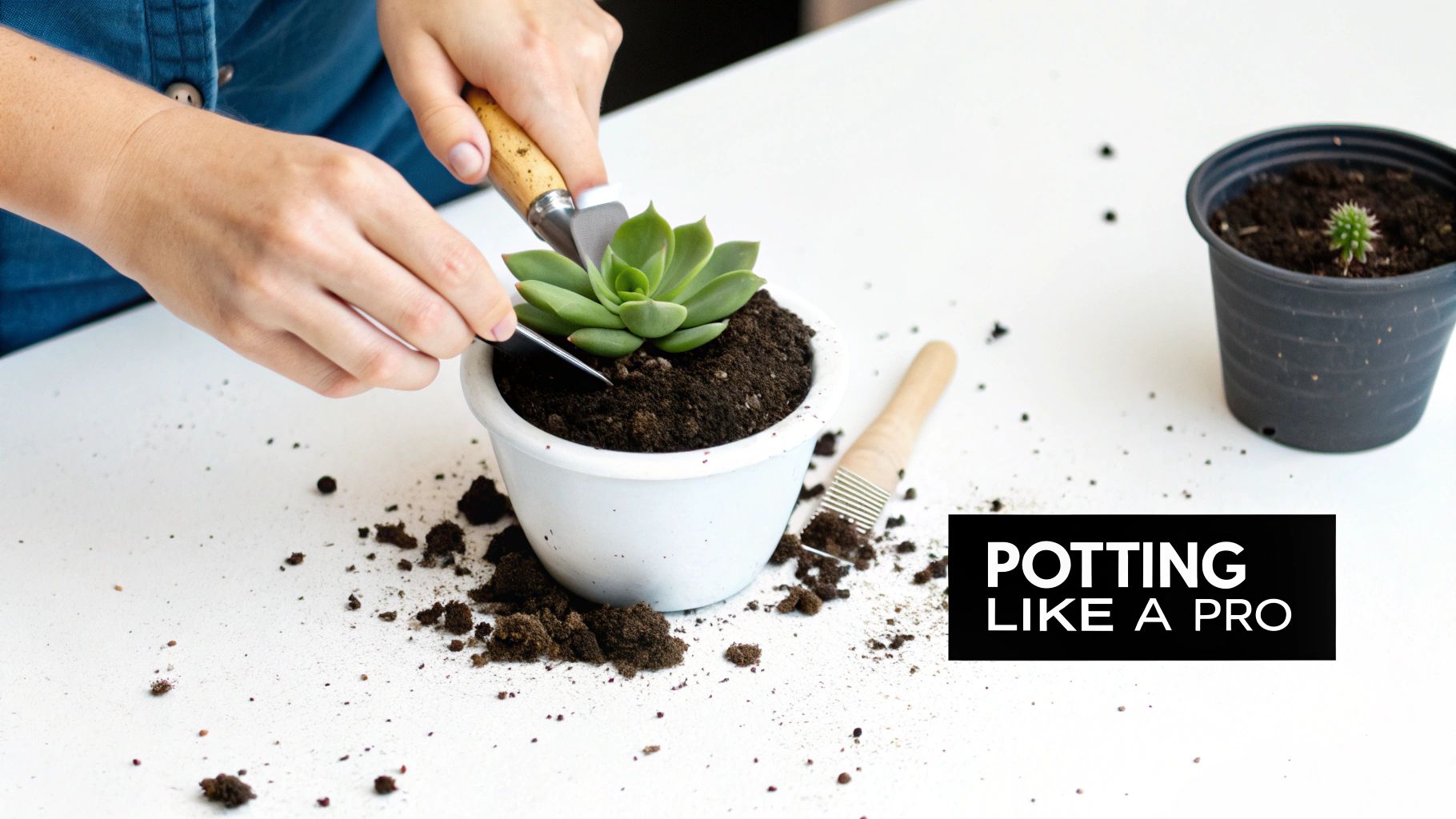 Hands potting a succulent plant in a white pot with small gardening tools and spilled soil.