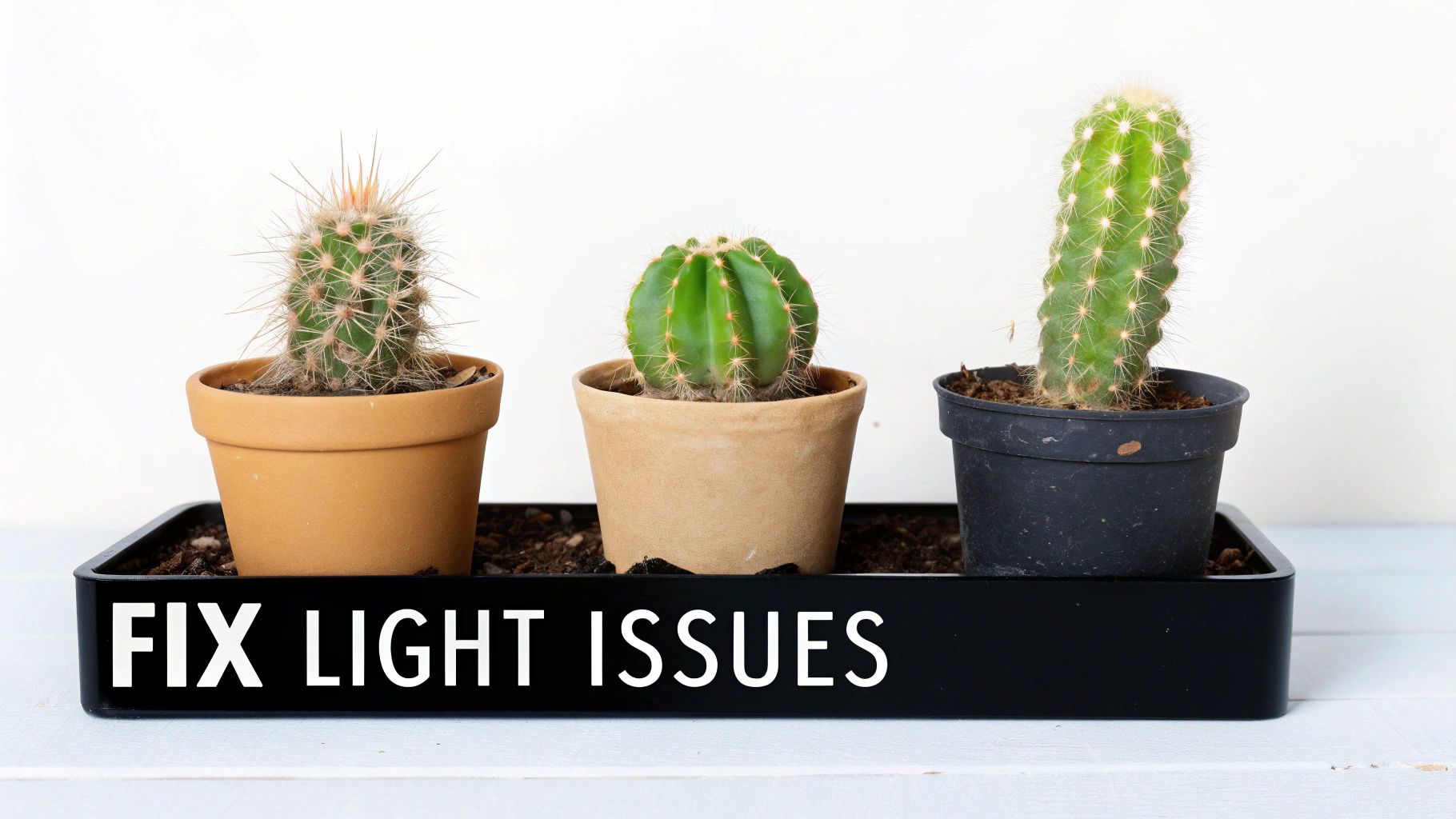 Three healthy potted cacti in a black tray with 'FIX LIGHT ISSUES' text, suggesting care tips.