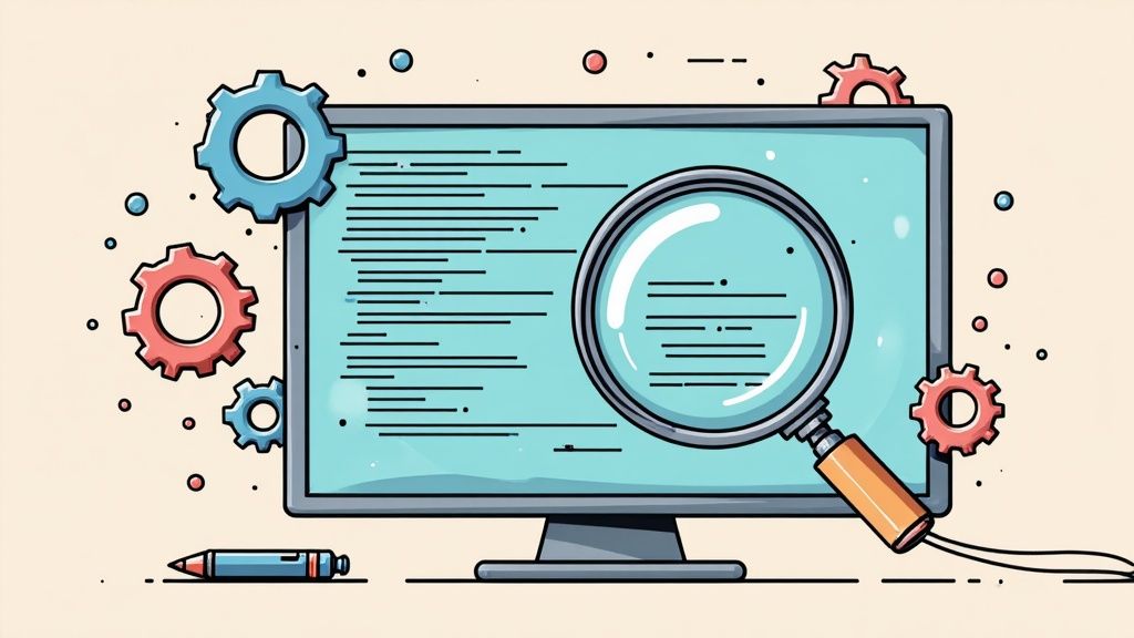 A team of developers collaborating and reviewing code on a screen.