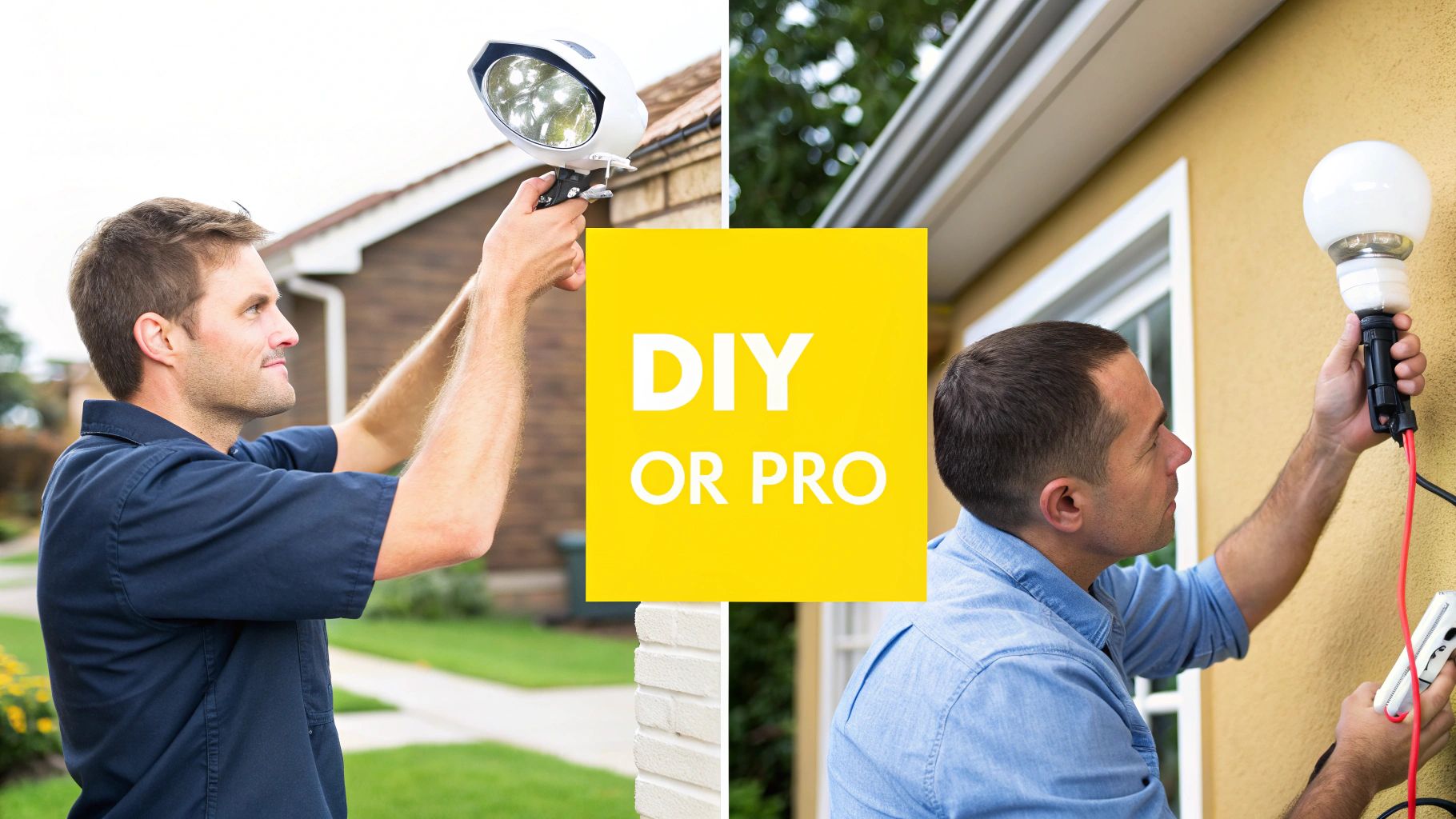 Outdoor Uplighting for Your House: Elevate Your Knoxville Home's Curb Appeal Two men working on outdoor lighting, one DIY and one professional, with 'DIY OR PRO'.