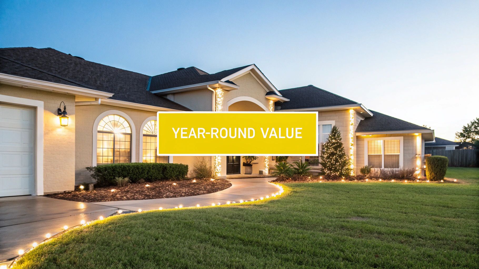 Permanent Holiday Lighting Cost: A Knoxville Homeowner's Guide to Year-Round Lights A house with year-round outdoor lighting illuminating its facade and landscaping at dusk, with a 'YEAR-ROUND VALUE' banner.