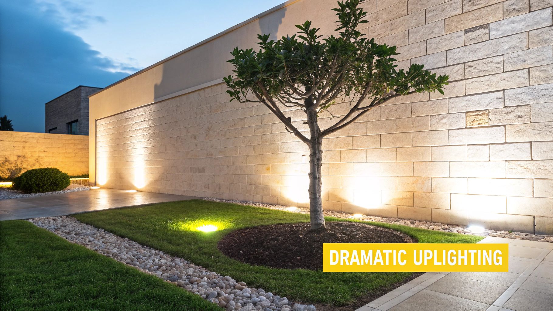 10 Stunning Landscape Lighting Design Ideas to Illuminate Your Knoxville Home Modern garden at night featuring dramatic uplighting on stone walls and a tree, creating a sophisticated ambiance.
