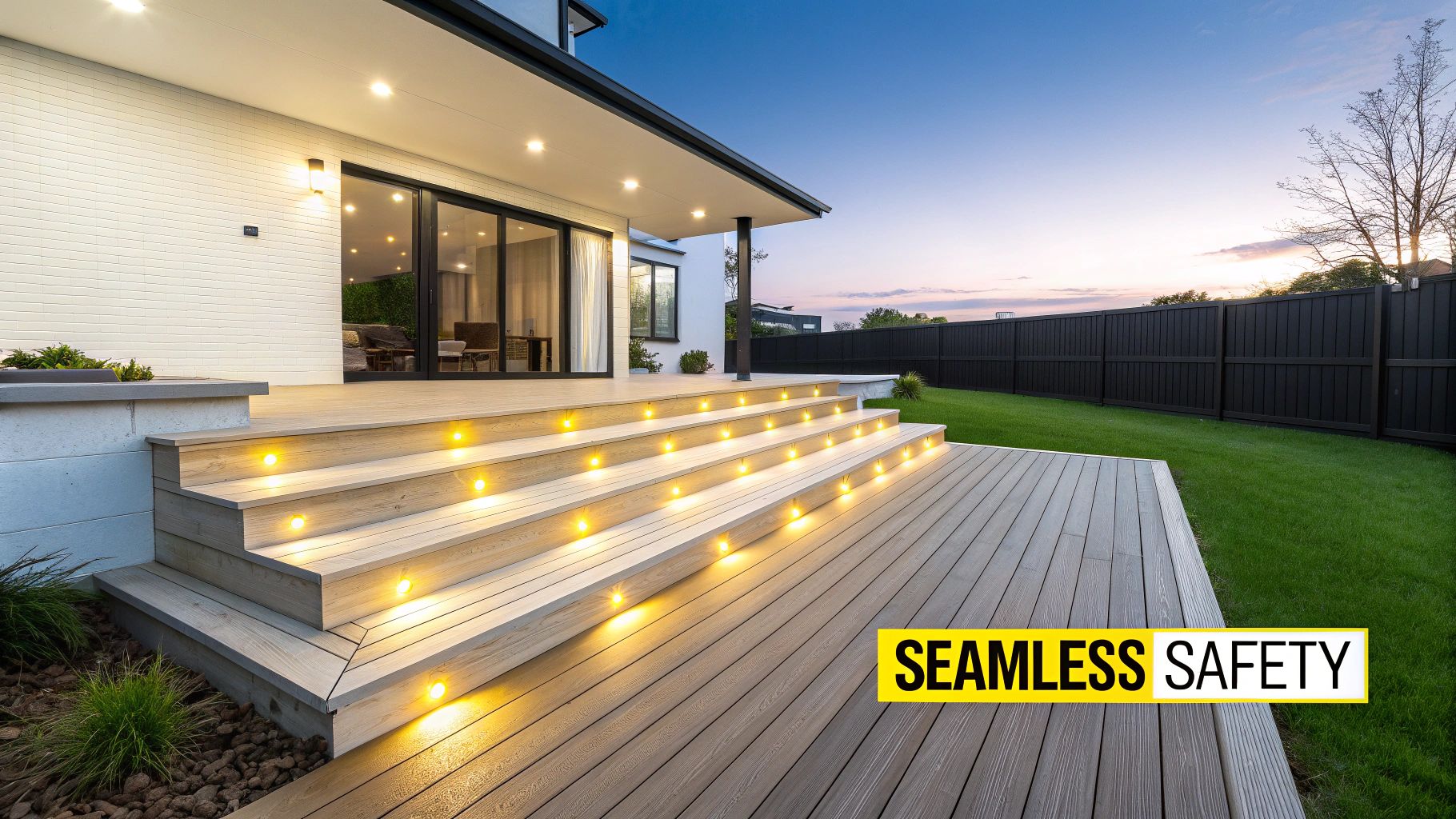12 Brilliant Deck Lighting Ideas to Elevate Your Knoxville Outdoor Space Modern home with a wooden deck and steps illuminated by warm lights, surrounded by a green lawn at dusk.