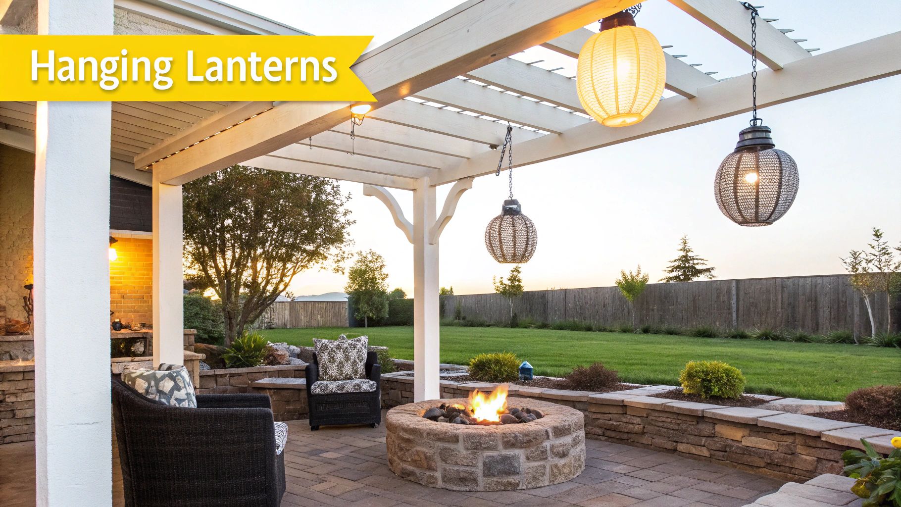 8 Brilliant Fire Pit Lighting Ideas to Elevate Your Knoxville Nights A cozy outdoor patio features a stone fire pit, comfortable seating, and illuminated hanging lanterns under a white pergola.