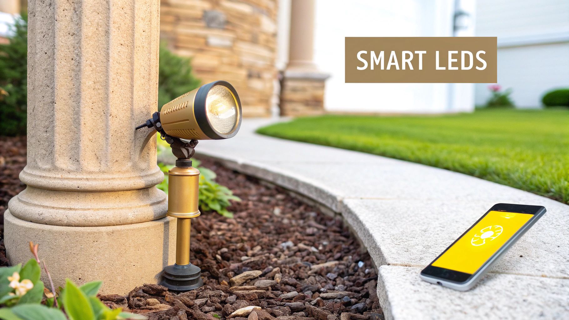A Homeowner's Guide to Exterior Landscape Lighting in Knoxville A golden smart LED spotlight illuminates a stone pillar, with a phone displaying a control app nearby.