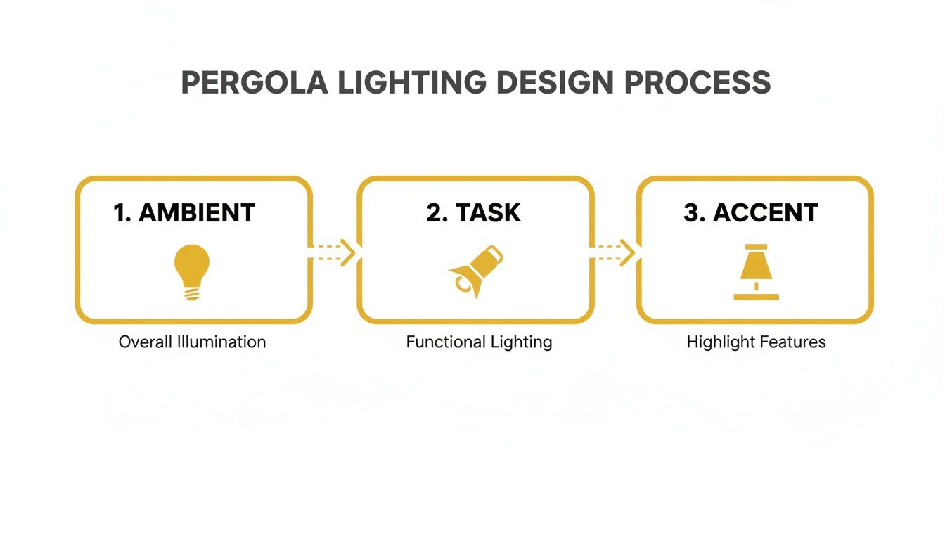 Outdoor Lights For Pergola: A Knoxville Homeowner's Guide Diagram showing the three-step pergola lighting design process: Ambient, Task, and Accent lighting.