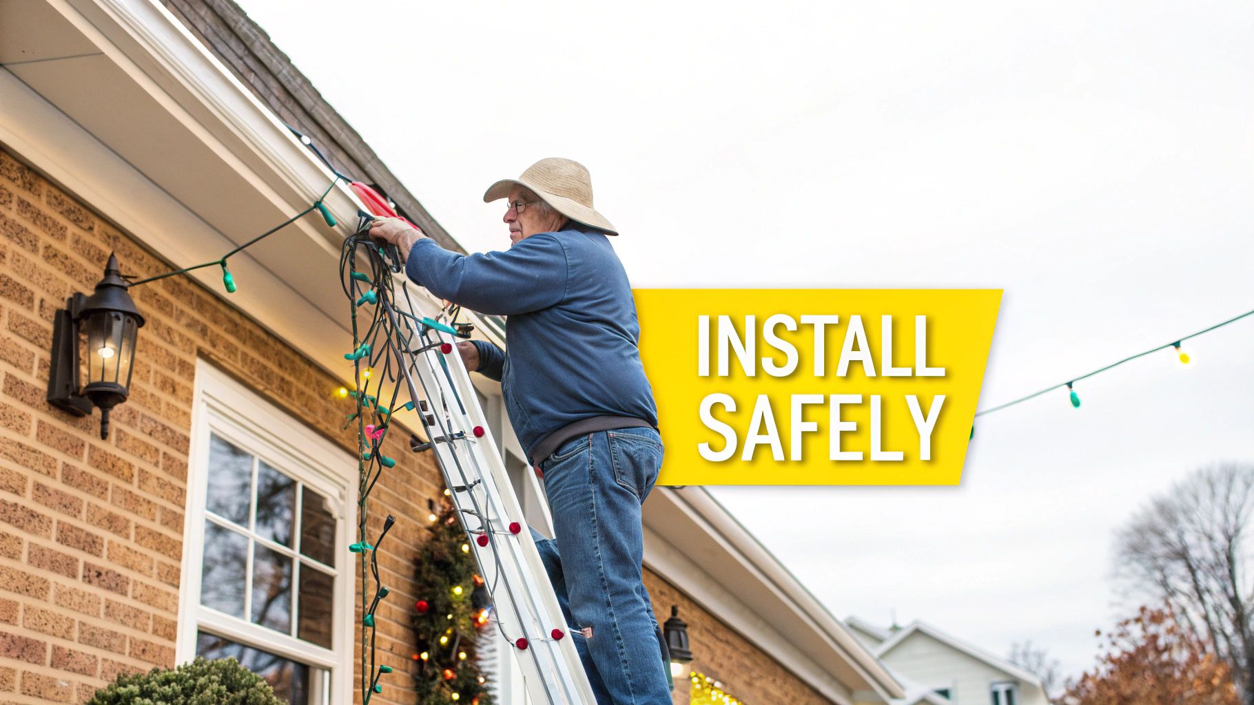 A man in a hat carefully installs colorful Christmas lights on a house gutter from a ladder, with a safety message.