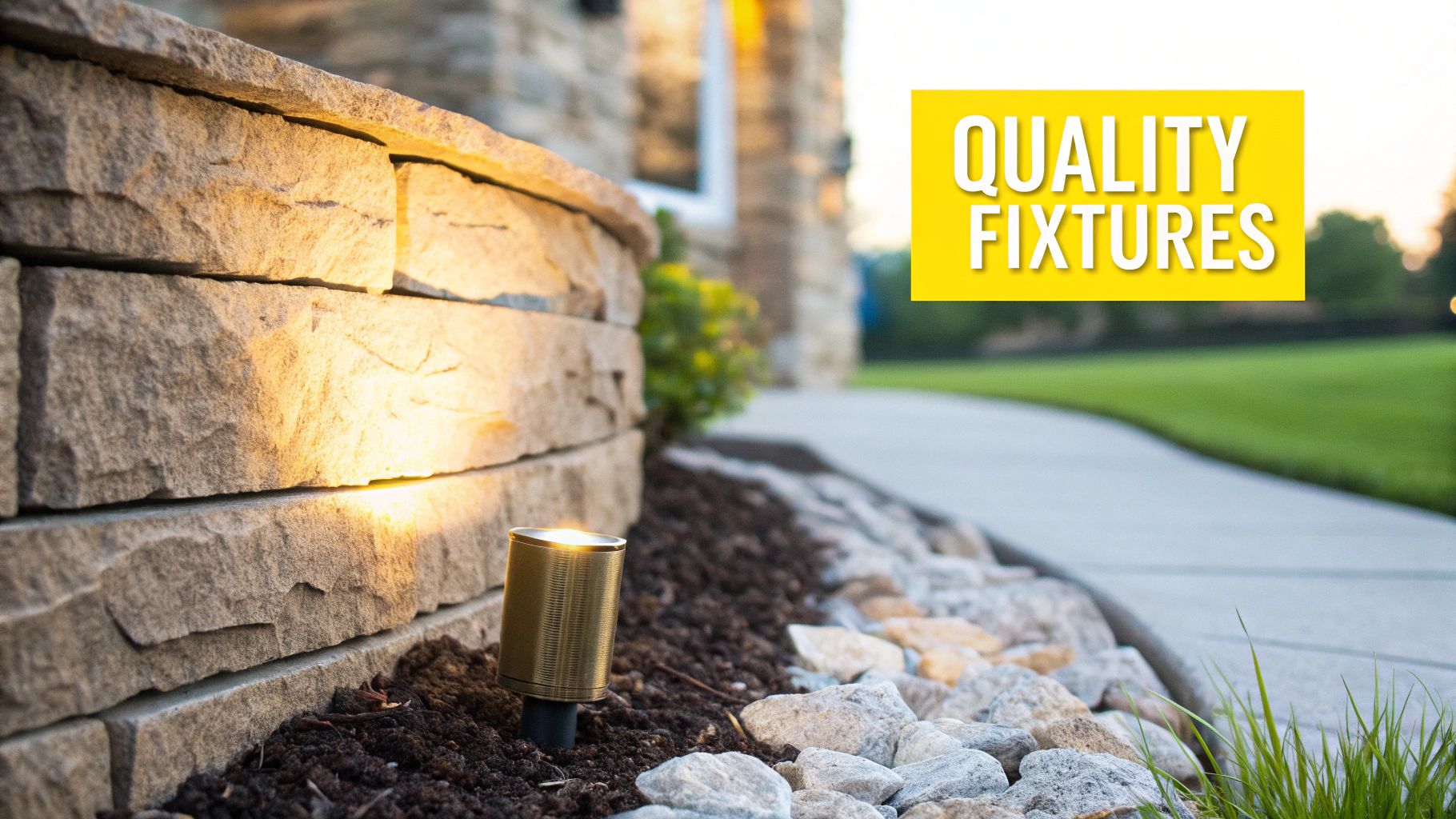 Outdoor Uplighting for Your House: Elevate Your Knoxville Home's Curb Appeal Quality outdoor uplight fixture illuminates a textured stone retaining wall in a well-landscaped garden.