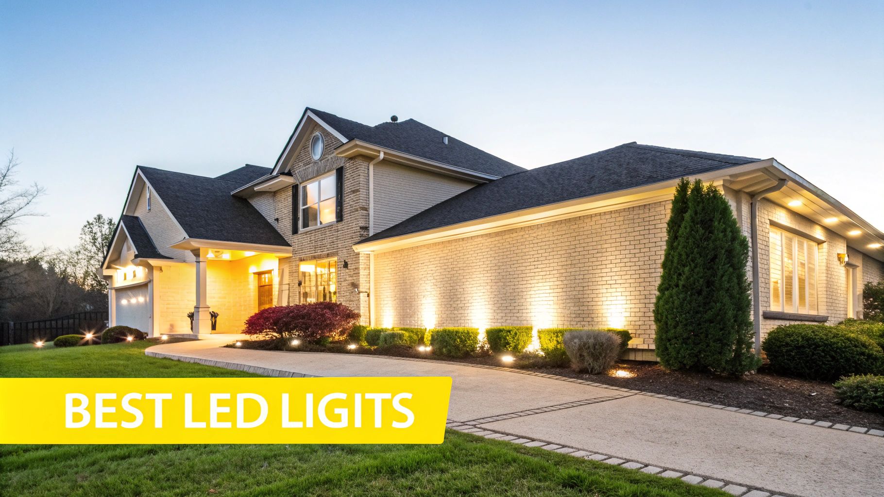 A Homeowner's Guide to the Best LED Outdoor Christmas Lights A beautifully lit house at dusk, showcasing numerous outdoor LED lights on its facade, driveway, and landscaping.