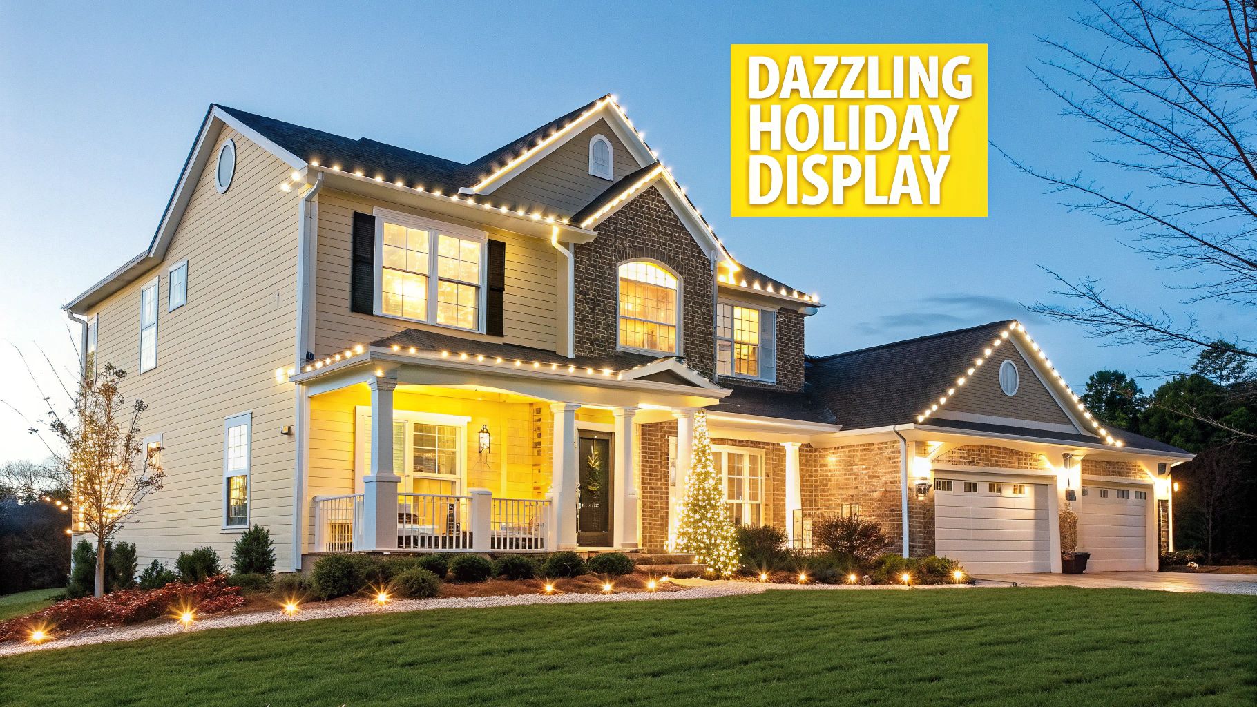 A Guide To Holiday Lighting Design For Your Knoxville Home A beautiful house decorated with dazzling holiday lights, including roofline, porch, and ground lights at dusk.