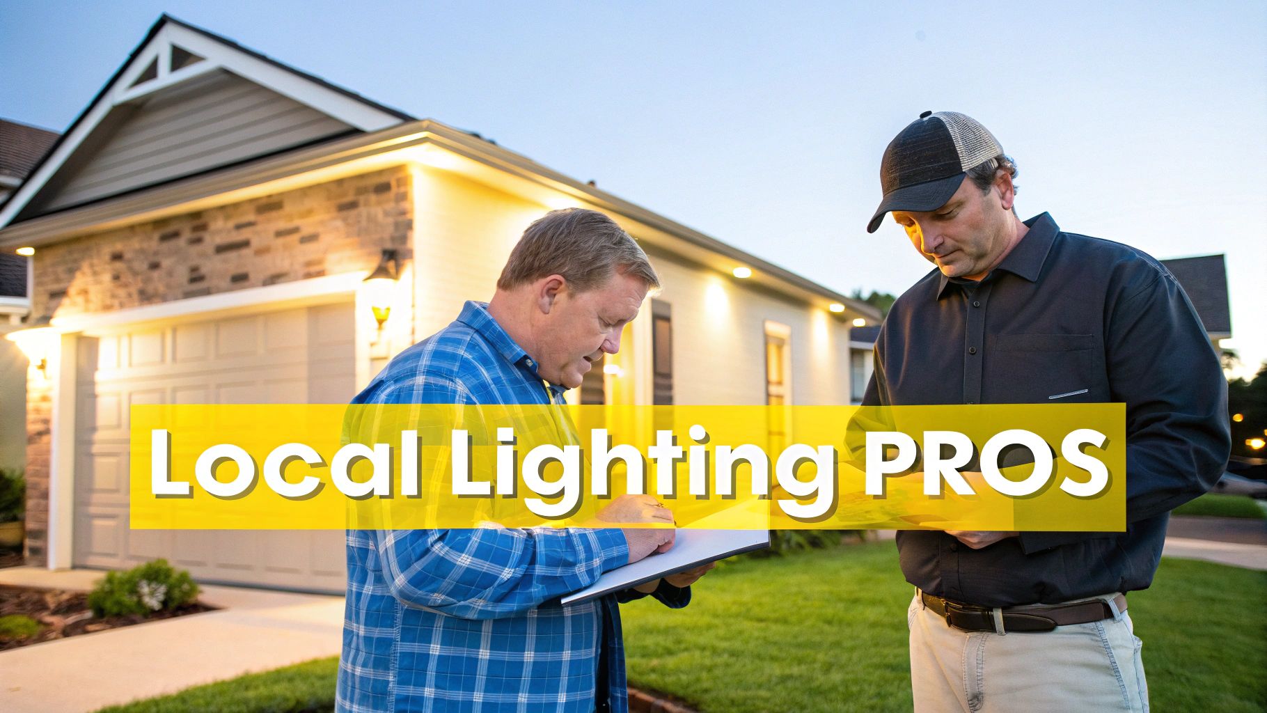 Your Guide to Finding Outdoor Christmas Light Installers Near Me in Knoxville Two professional men discussing outdoor lighting solutions in front of a house with illuminated exterior.