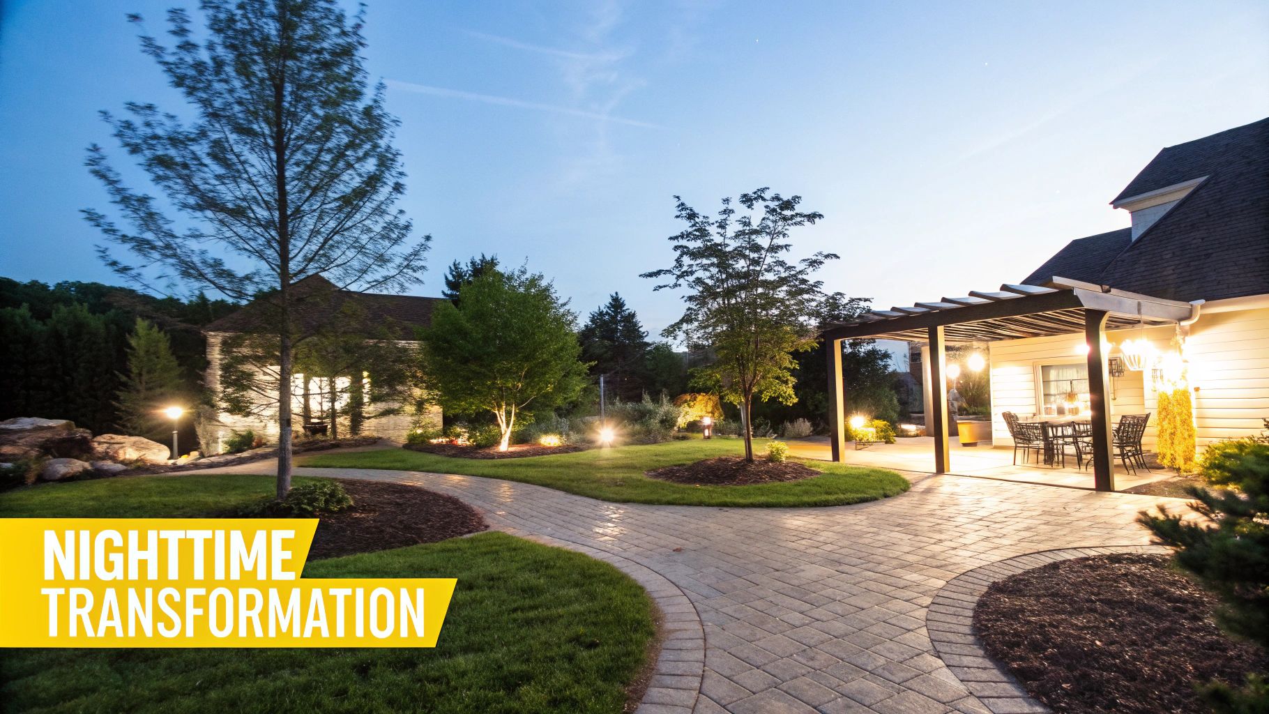 How a Landscape Lighting Designer Can Transform Your Knoxville Home A beautifully illuminated residential backyard at dusk, featuring a paved path, trees, and a cozy patio pergola.