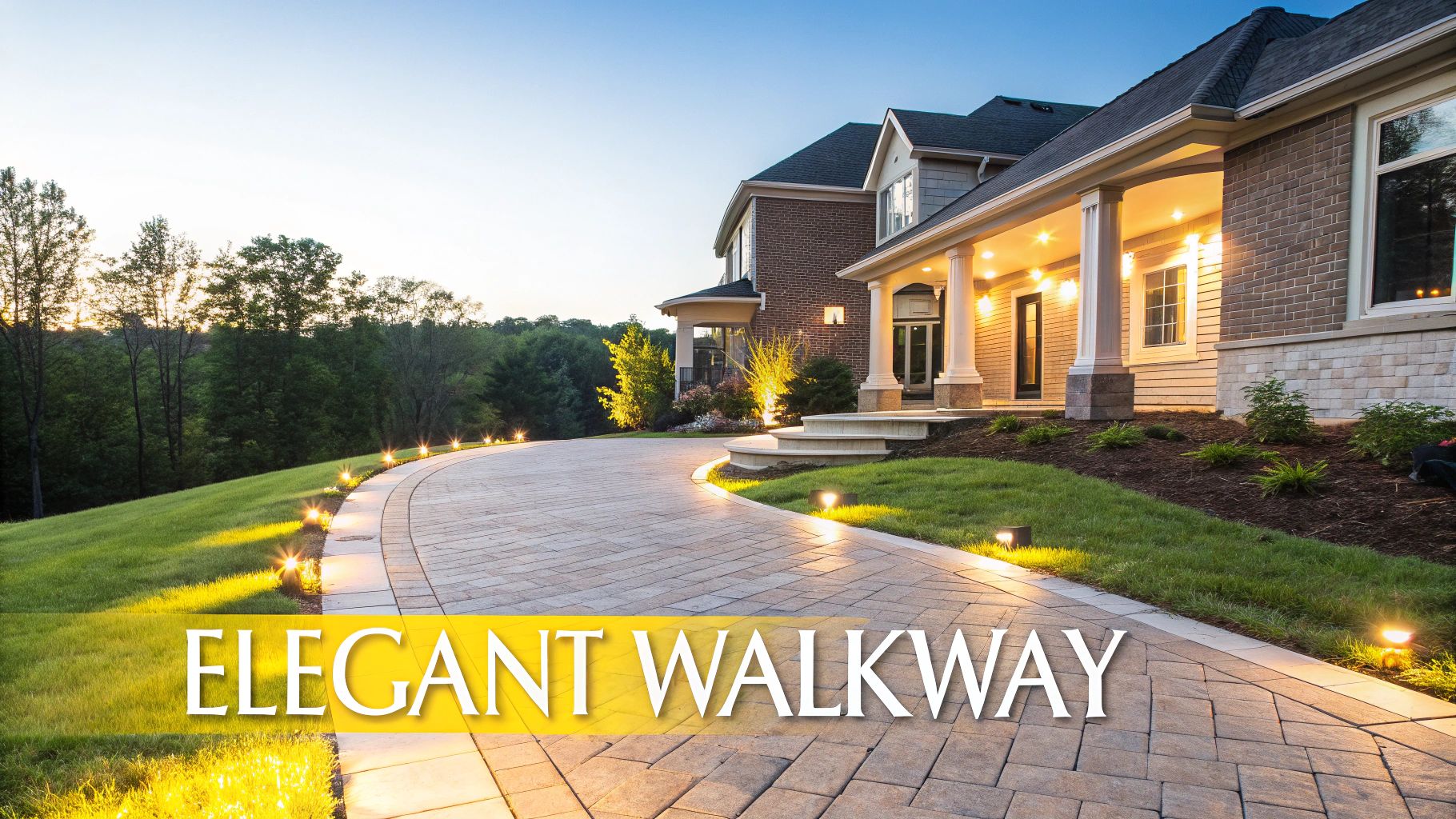 A Knoxville Homeowner's Guide To Low Profile Pathway Lights A beautifully lit curved paved walkway leading to a large luxurious house at dusk with lush greenery.
