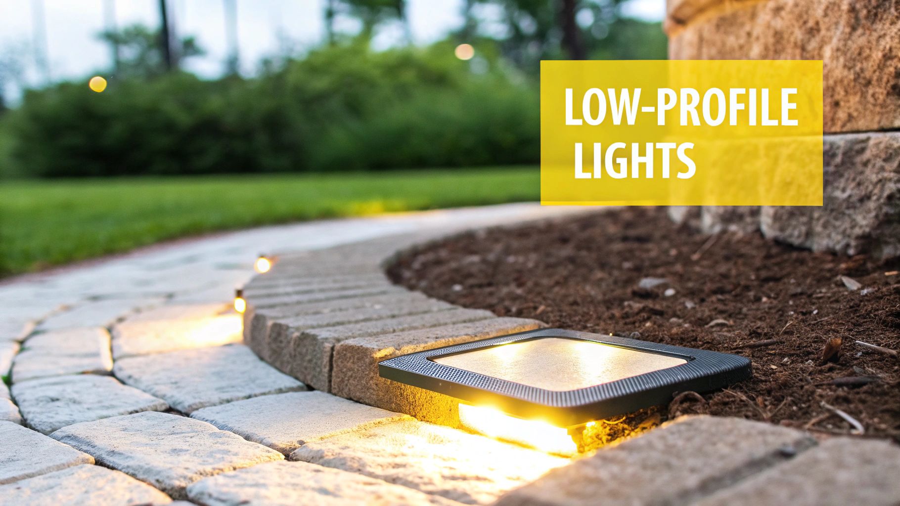 A Knoxville Homeowner's Guide To Low Profile Pathway Lights Low-profile lights illuminate a curved stone pathway next to a garden bed and retaining wall at dusk.