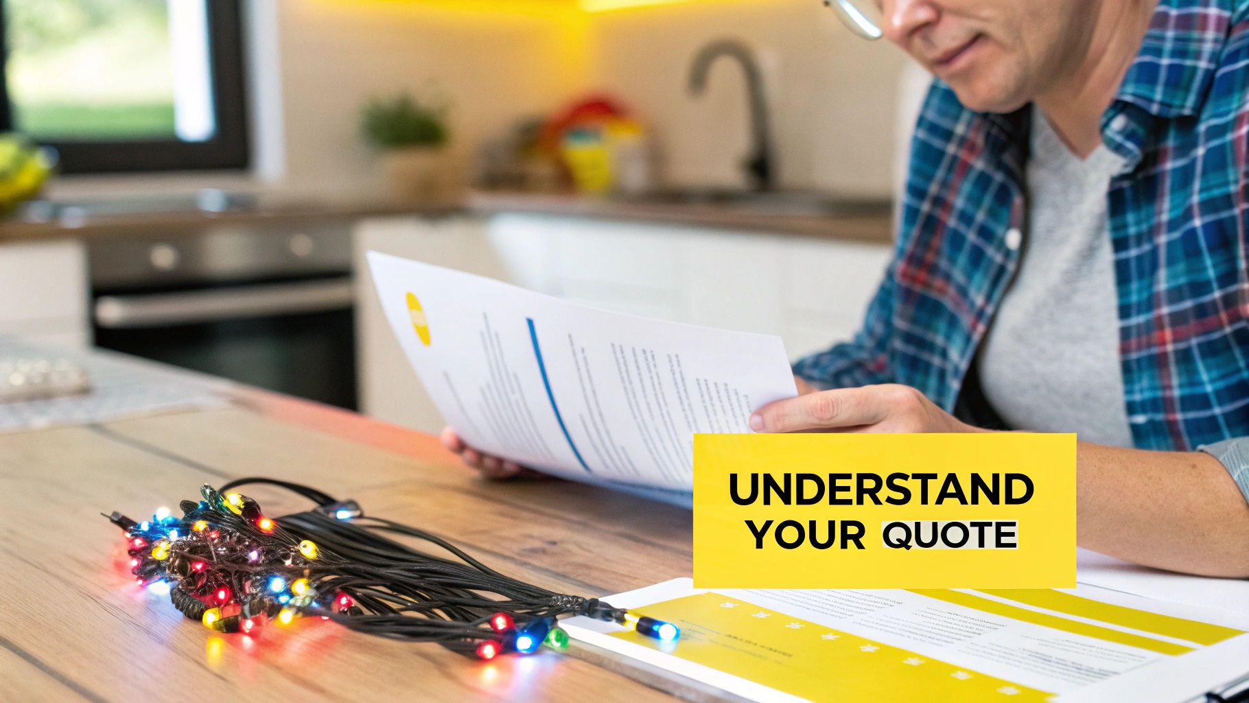 Man reviews a quote document at a kitchen table next to colorful string lights and a sign.