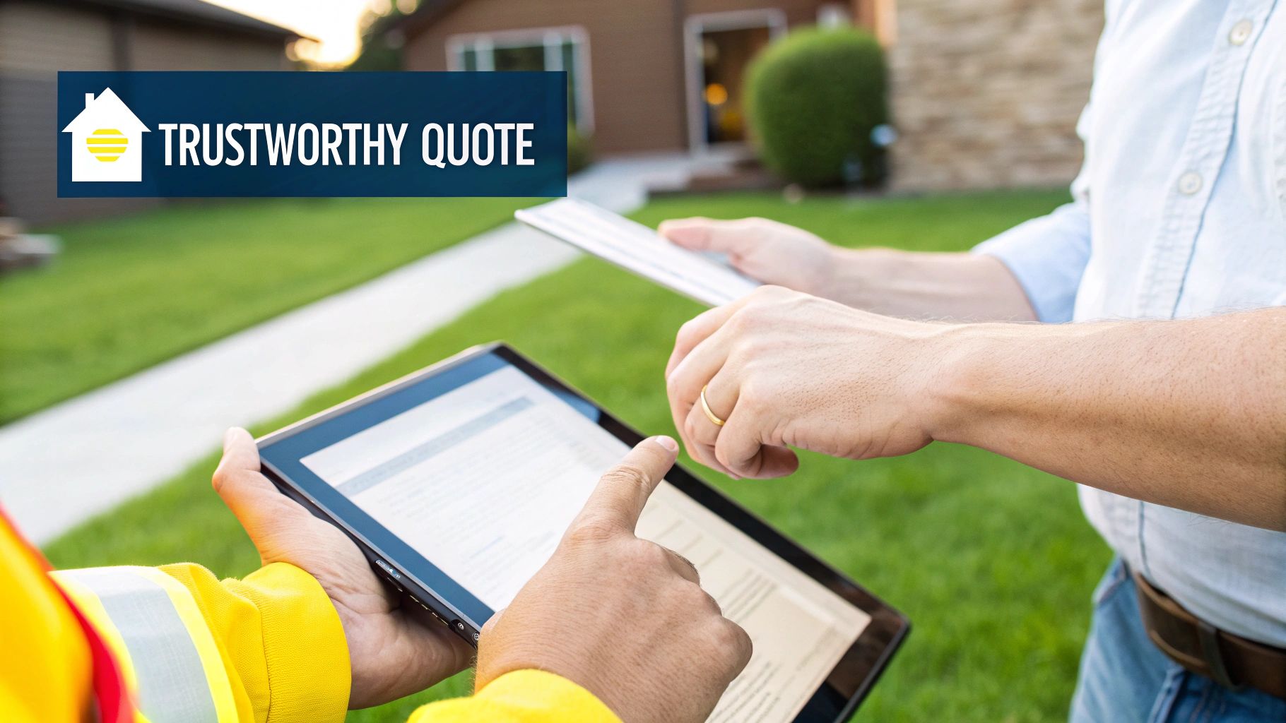 Two individuals review a trustworthy quote for home services on a digital tablet outdoors.