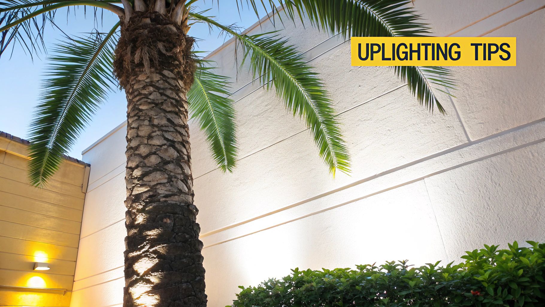 A Homeowner's Guide to Solar Lights for Palm Trees A vibrant palm tree stands tall, beautifully illuminated by uplighting against a white wall and green hedge.