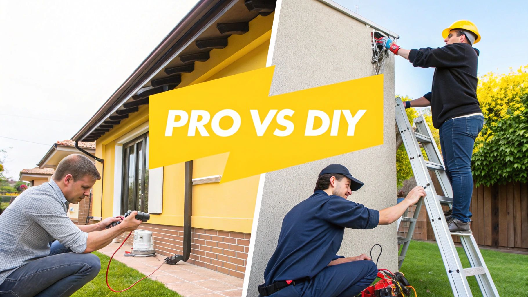 String Lighting Outdoor: Your Guide to a Beautiful Knoxville Home Split image showing a man doing DIY wiring and professionals installing outdoor electrical components, illustrating PRO VS DIY.