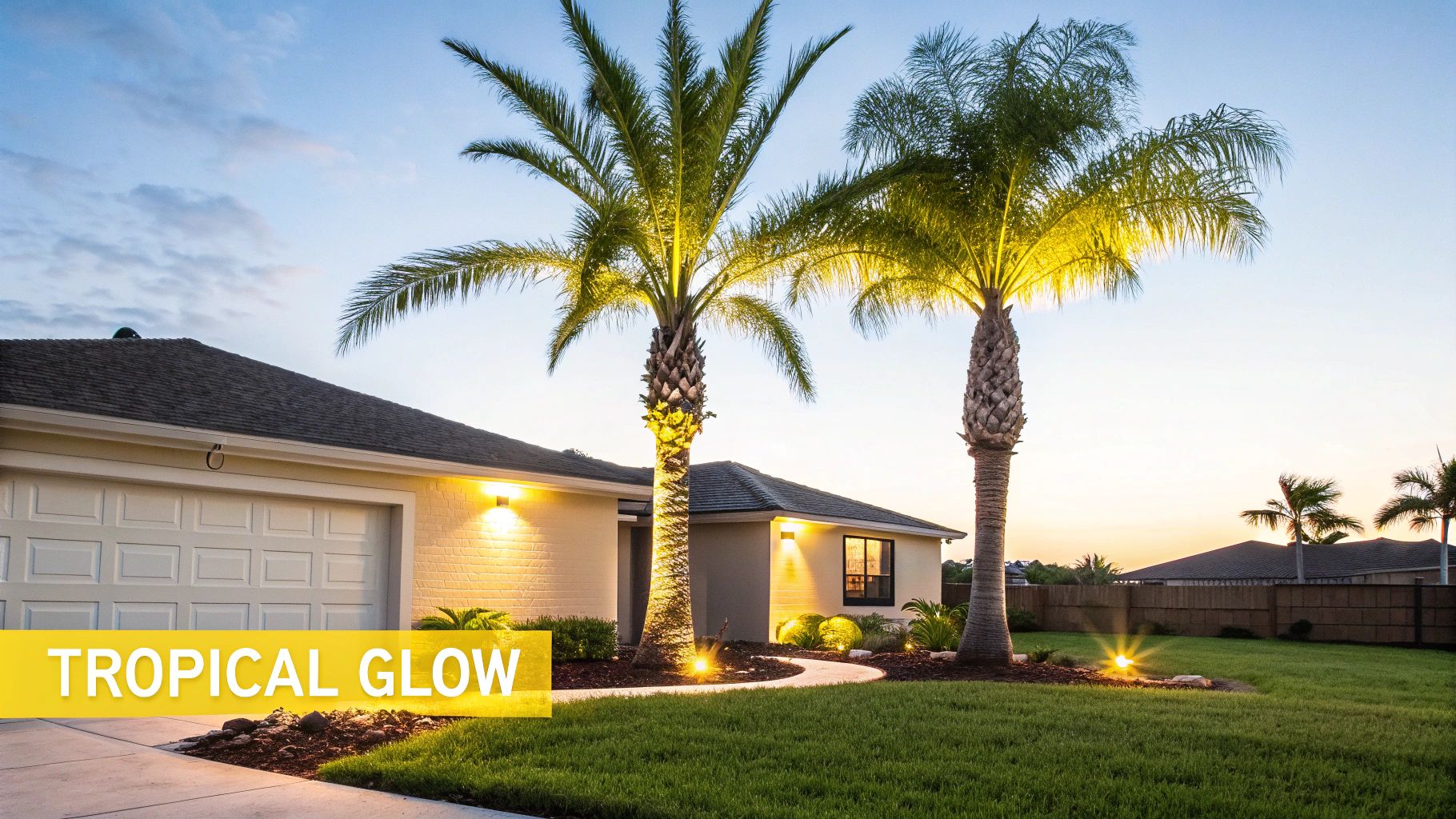 A Homeowner's Guide to Solar Lights for Palm Trees A house and two illuminated palm trees glowing at dusk, with outdoor lighting enhancing the tropical landscape.